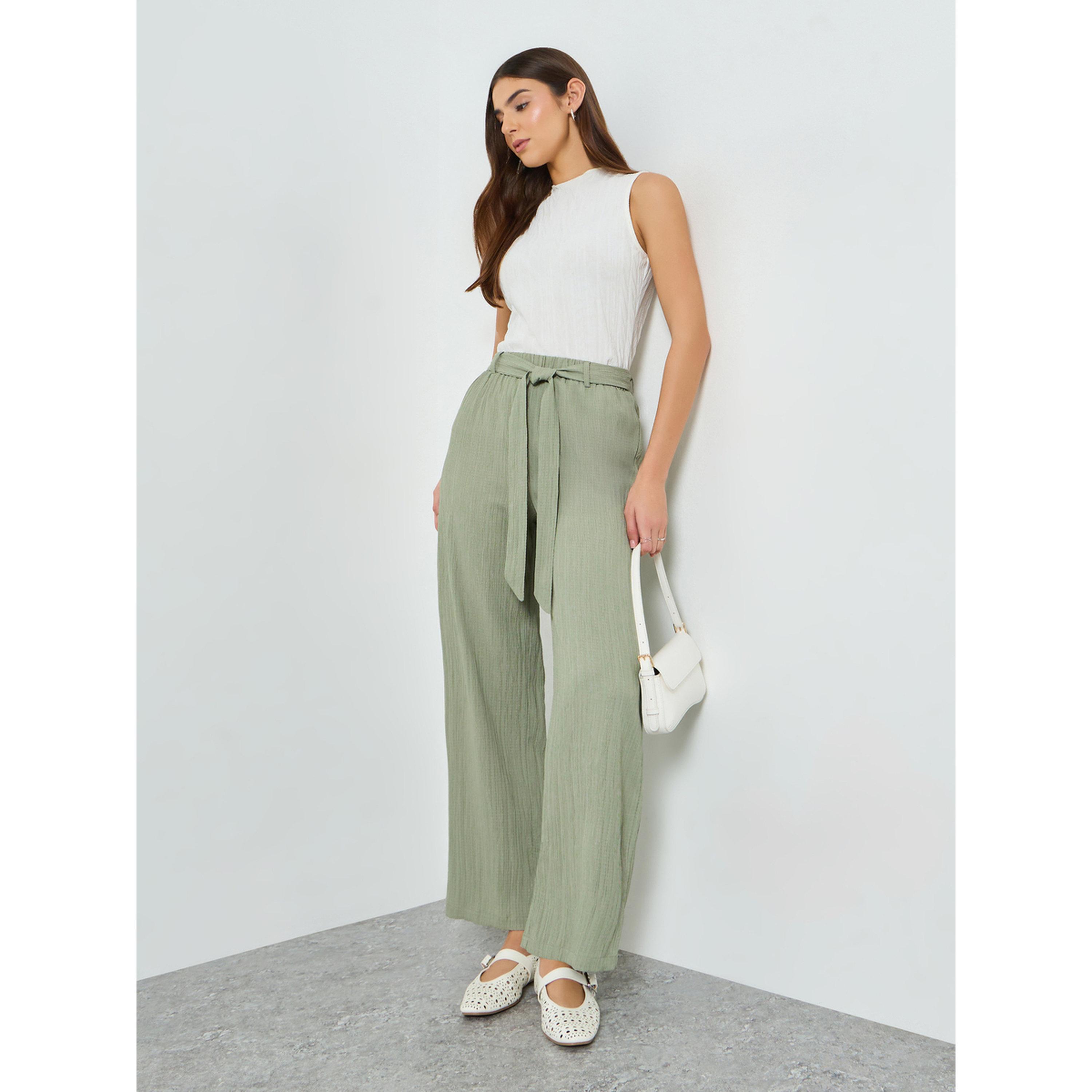 بنطال بقصة مستقيمة وخصر مطاطي مع حزام-women-clothing-bottoms-joggers-image-2