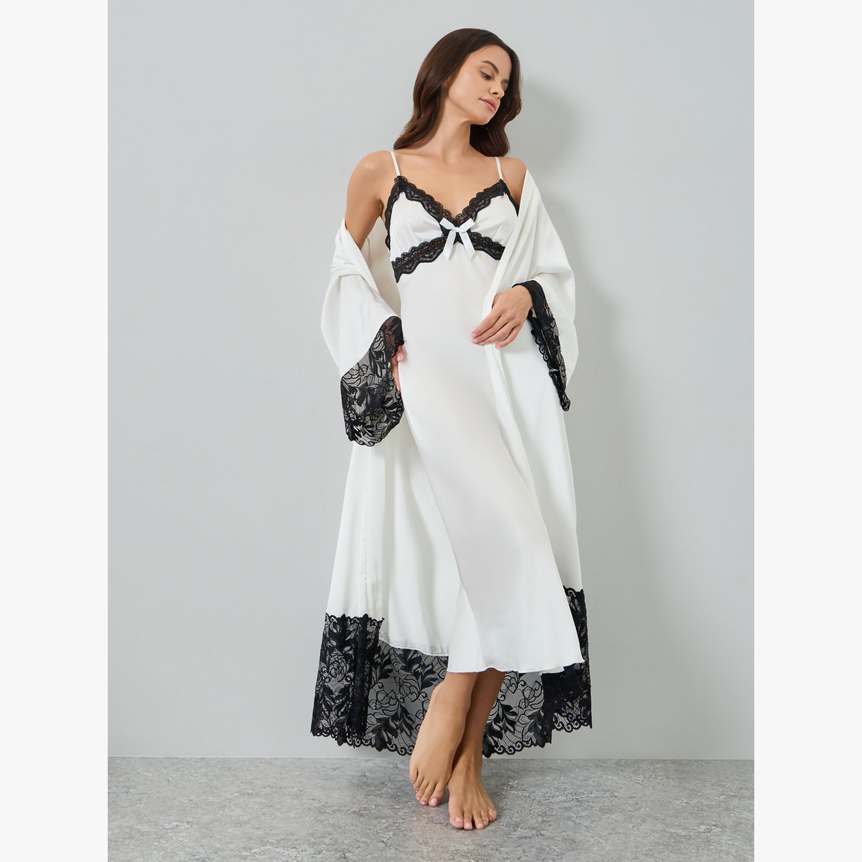 Styli Satin Lace Trim Strappy Slipdress with Robe Set-women-clothing-nightwear-pyjamas-longsets-image-2