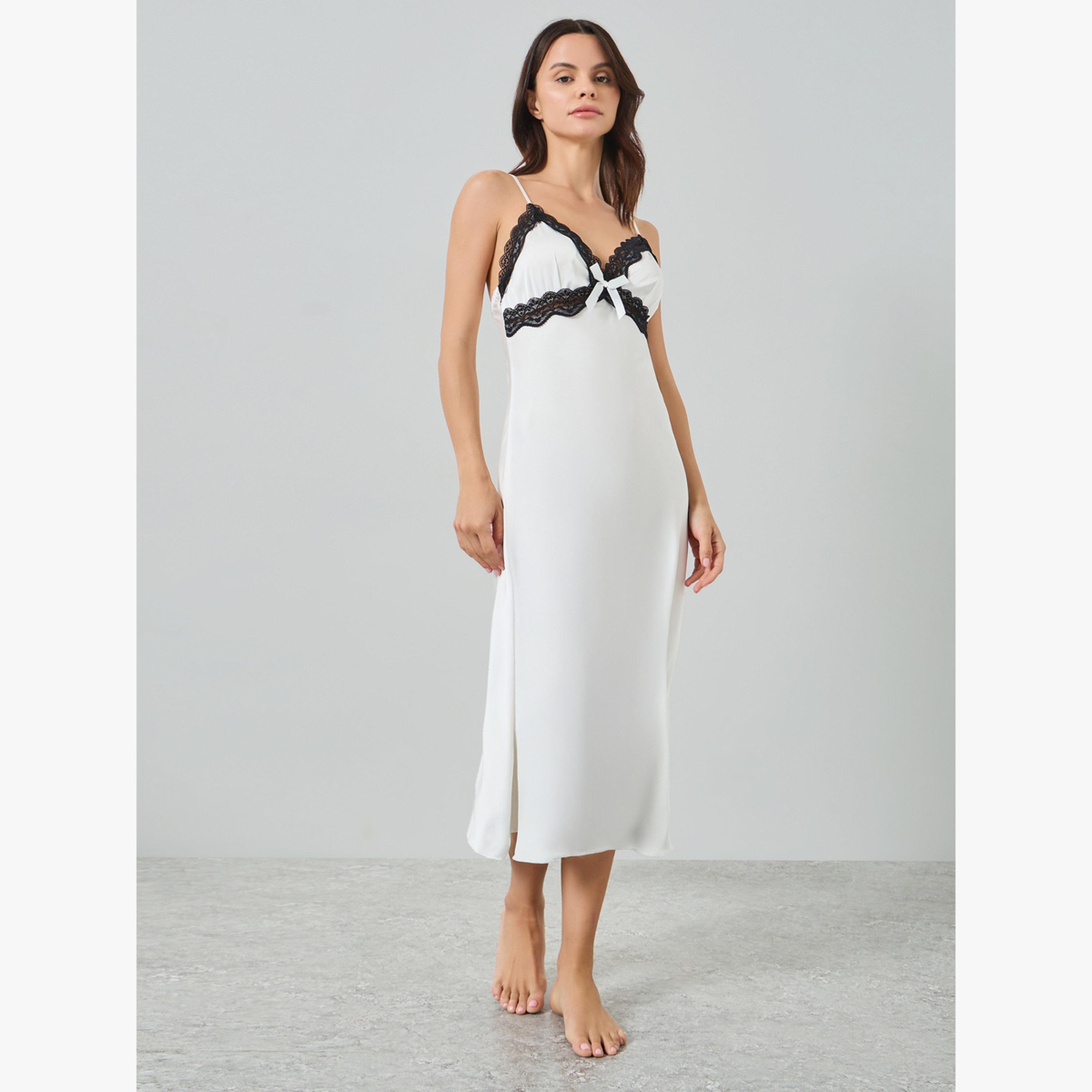 Styli Satin Lace Trim Strappy Slipdress with Robe Set-women-clothing-nightwear-pyjamas-longsets-image-3