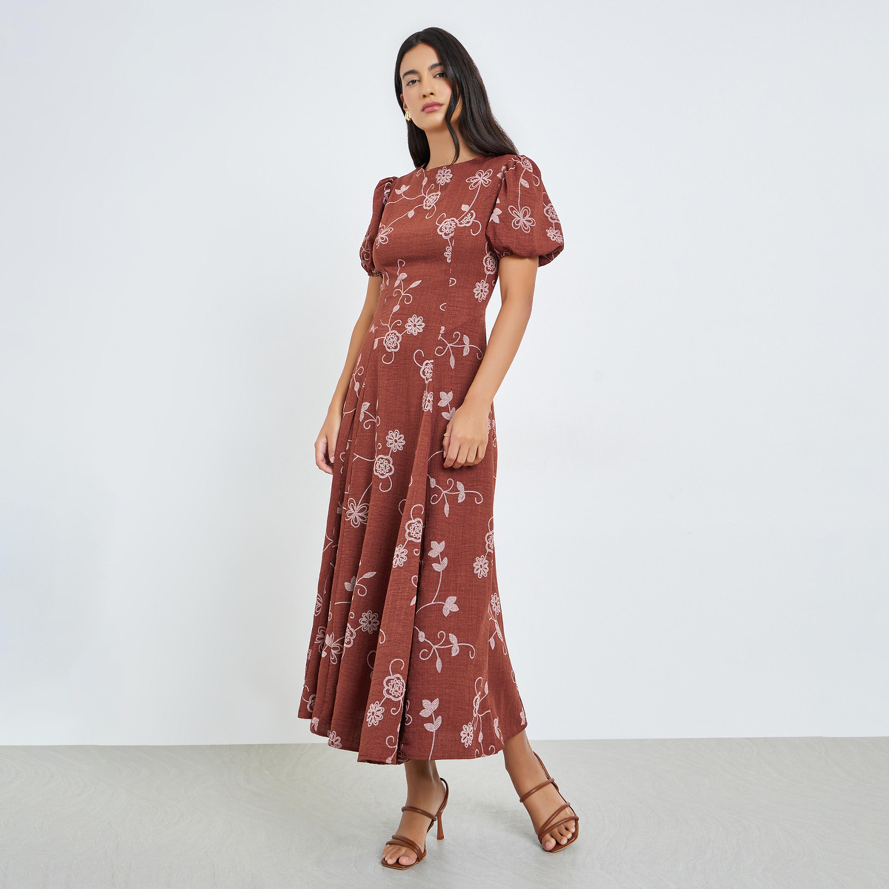 فستان طويل بأكمام منفوخة ونقش زهور-women-clothing-dresses-image-1