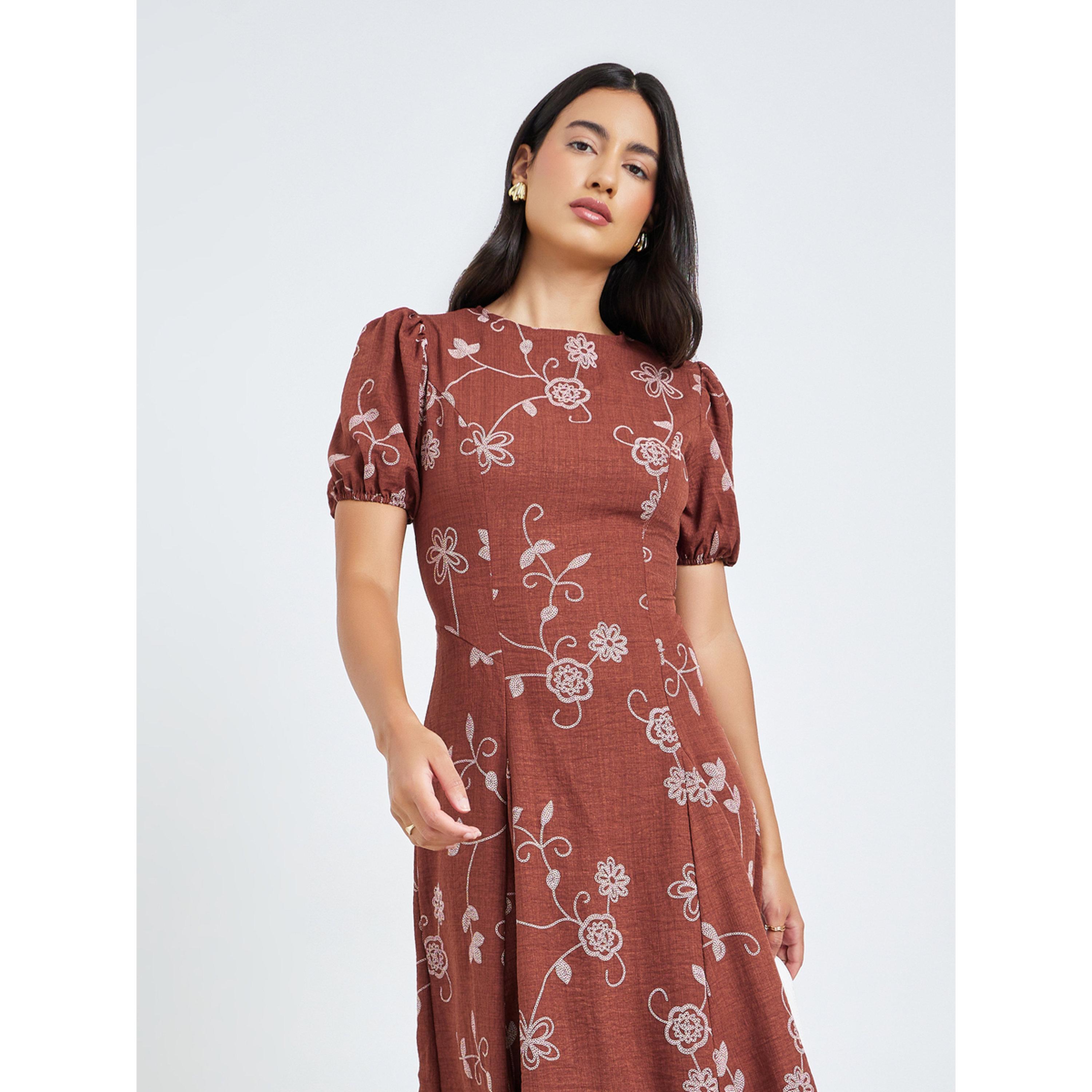 فستان طويل بأكمام منفوخة ونقش زهور-women-clothing-dresses-image-2
