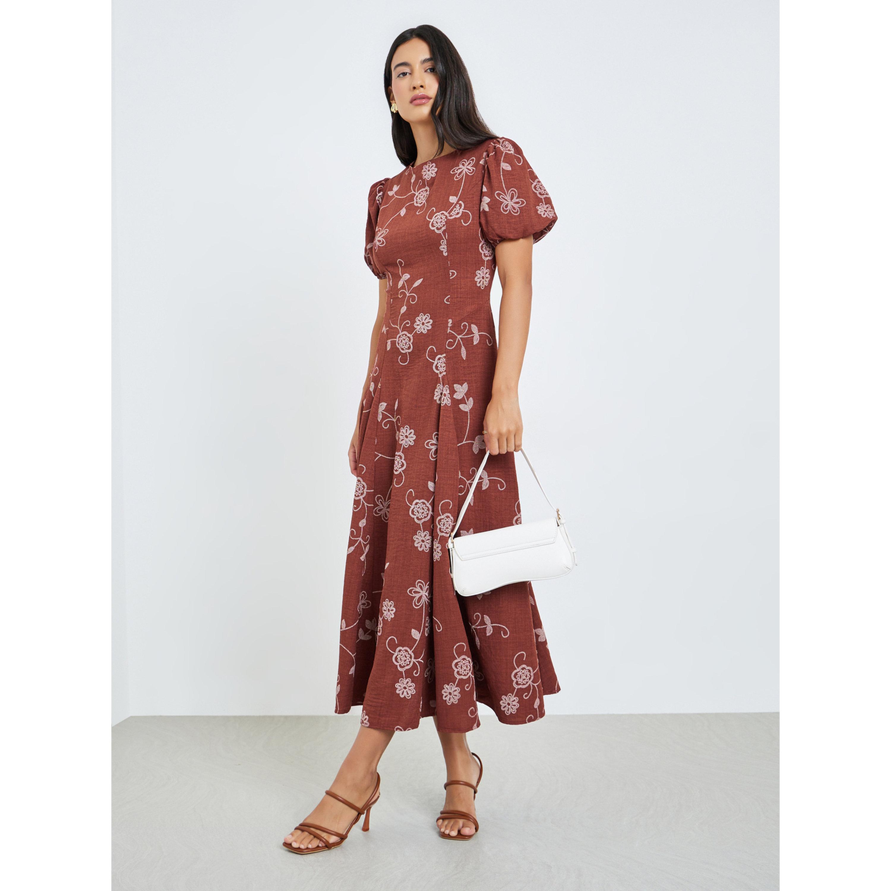 فستان طويل بأكمام منفوخة ونقش زهور-women-clothing-dresses-image-3