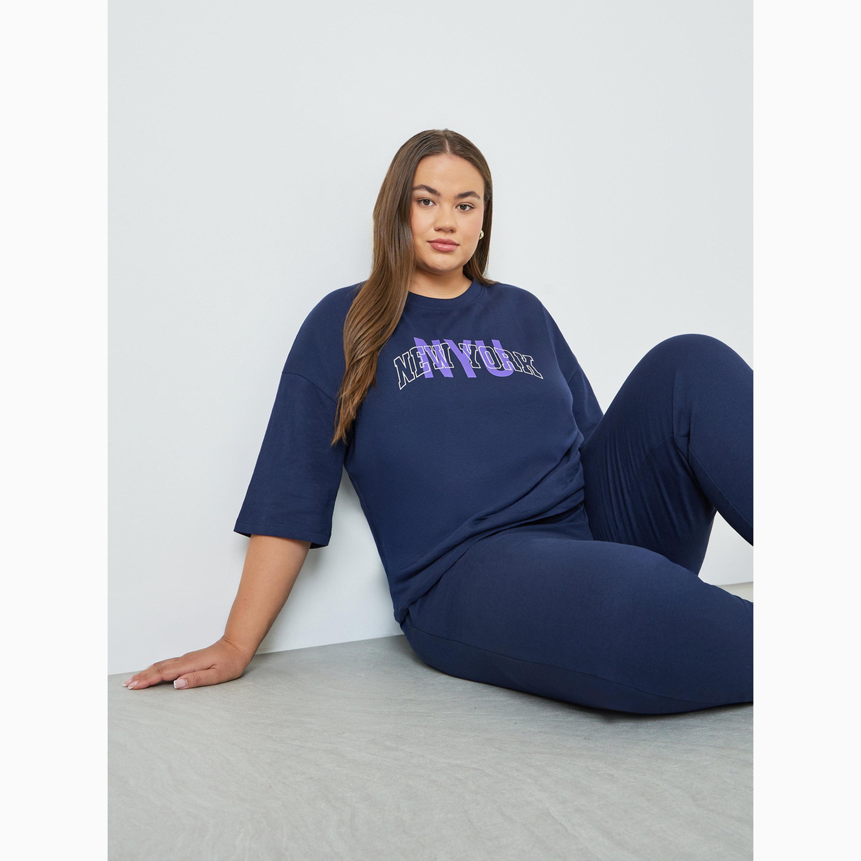 Styli Plus Size Navy Blue Cotton T-Shirt-women-clothing-tshirts-image-3