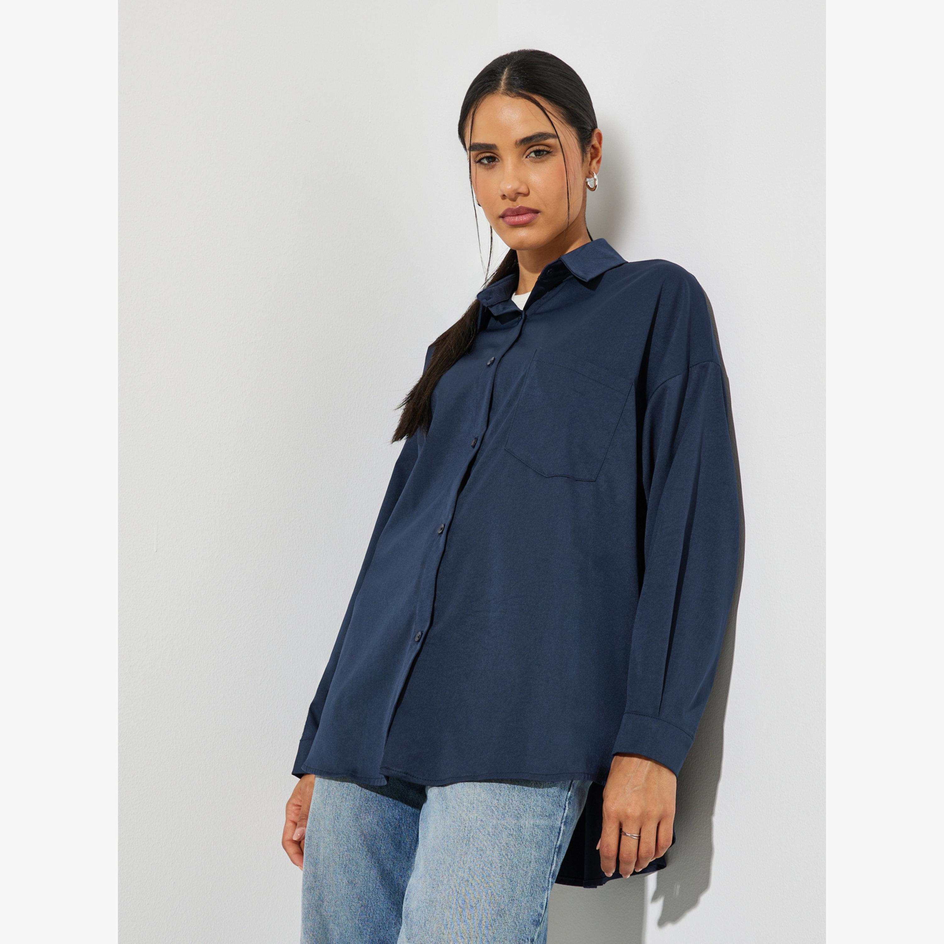 بلوزة مقاس كبير سادة بتفاصيل جيوب-women-clothing-shirtsandblouses-shirts-image-1