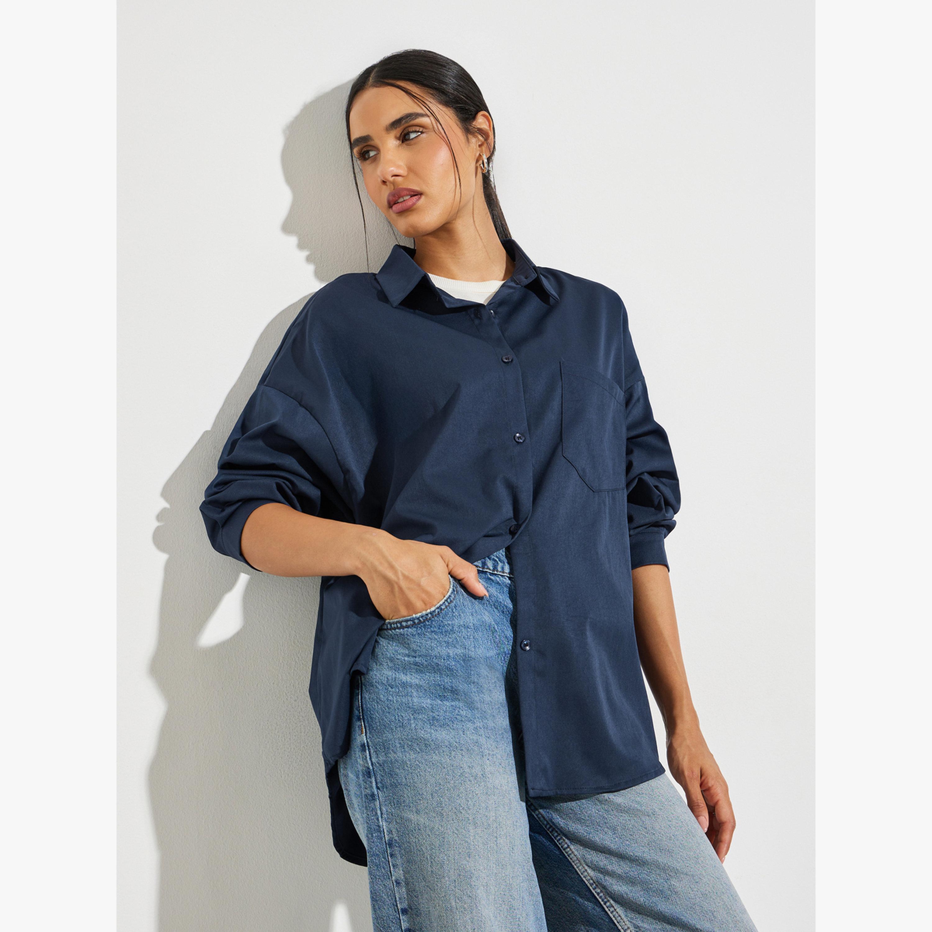 Styli Blue Solid Pocket Detail Oversized Shirt-women-clothing-shirtsandblouses-shirts-image-3