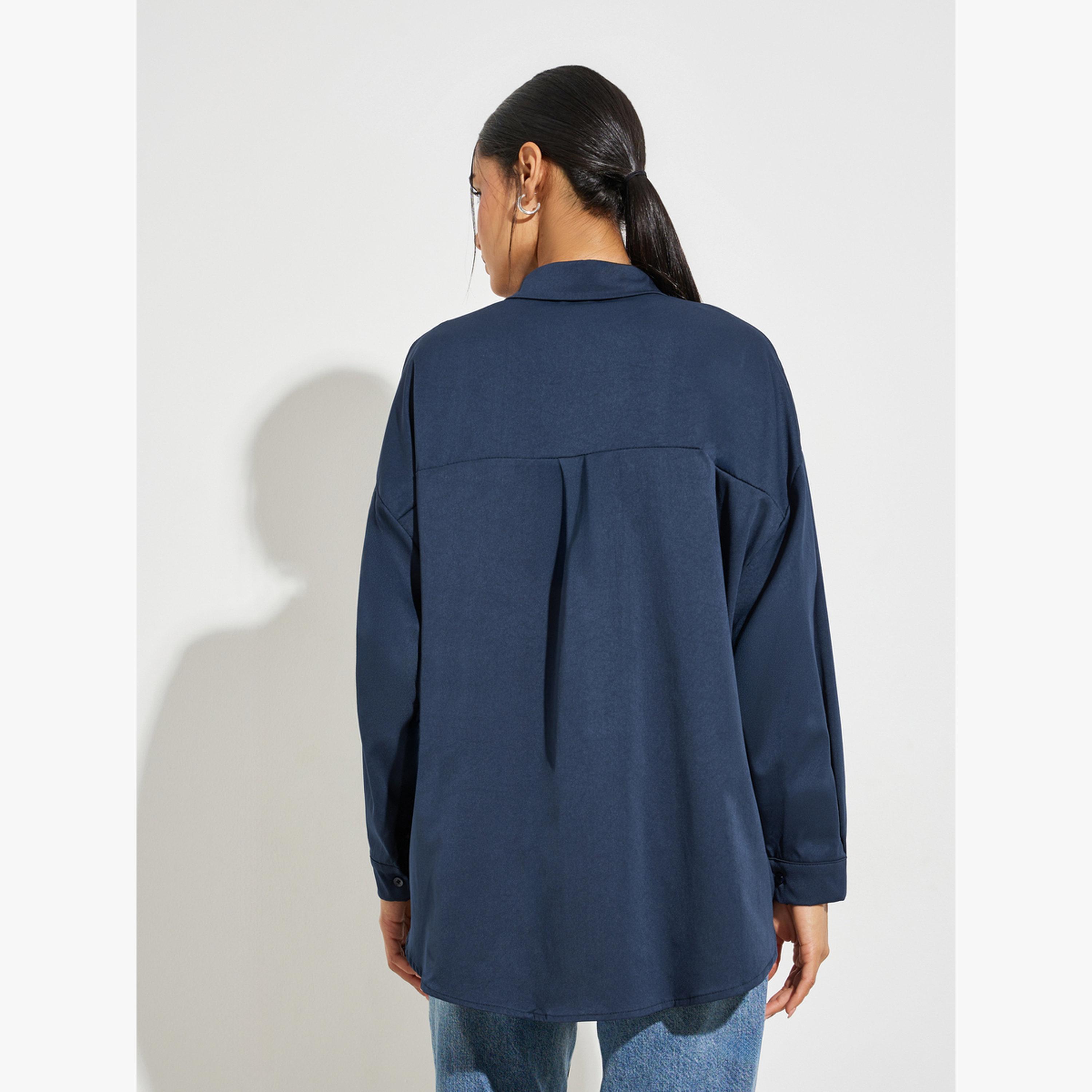Styli Blue Solid Pocket Detail Oversized Shirt-women-clothing-shirtsandblouses-shirts-image-4