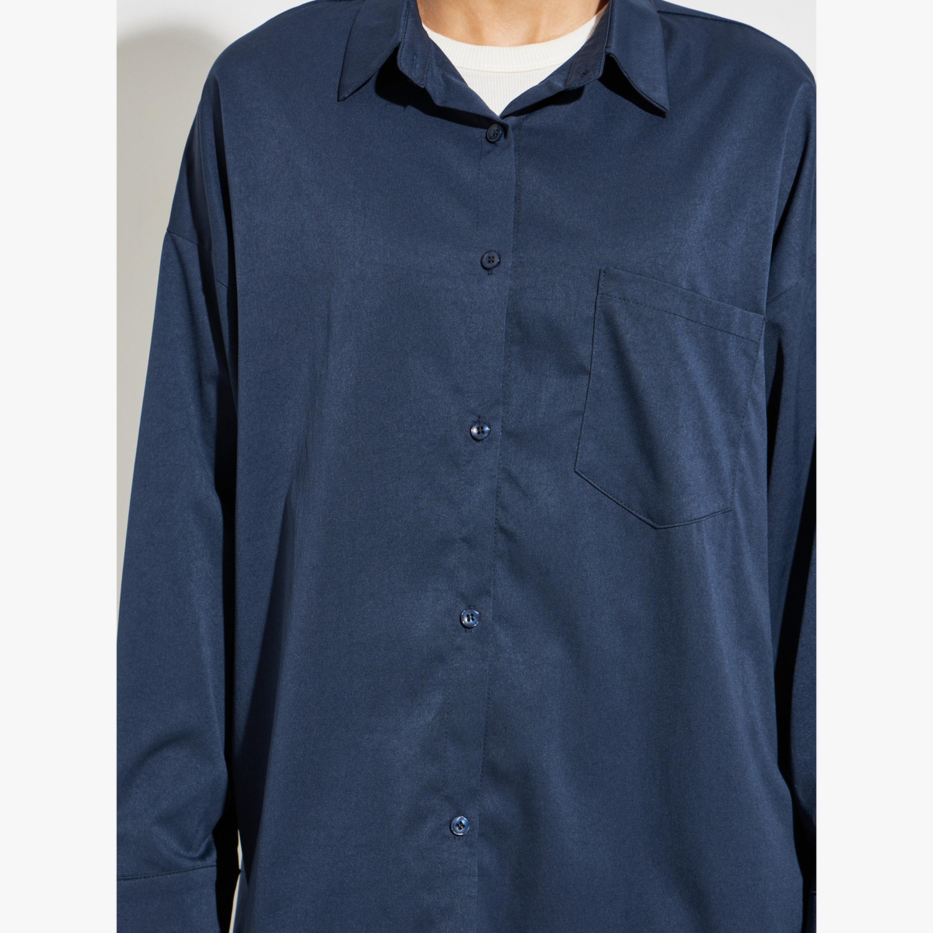 Styli Blue Solid Pocket Detail Oversized Shirt-women-clothing-shirtsandblouses-shirts-image-5
