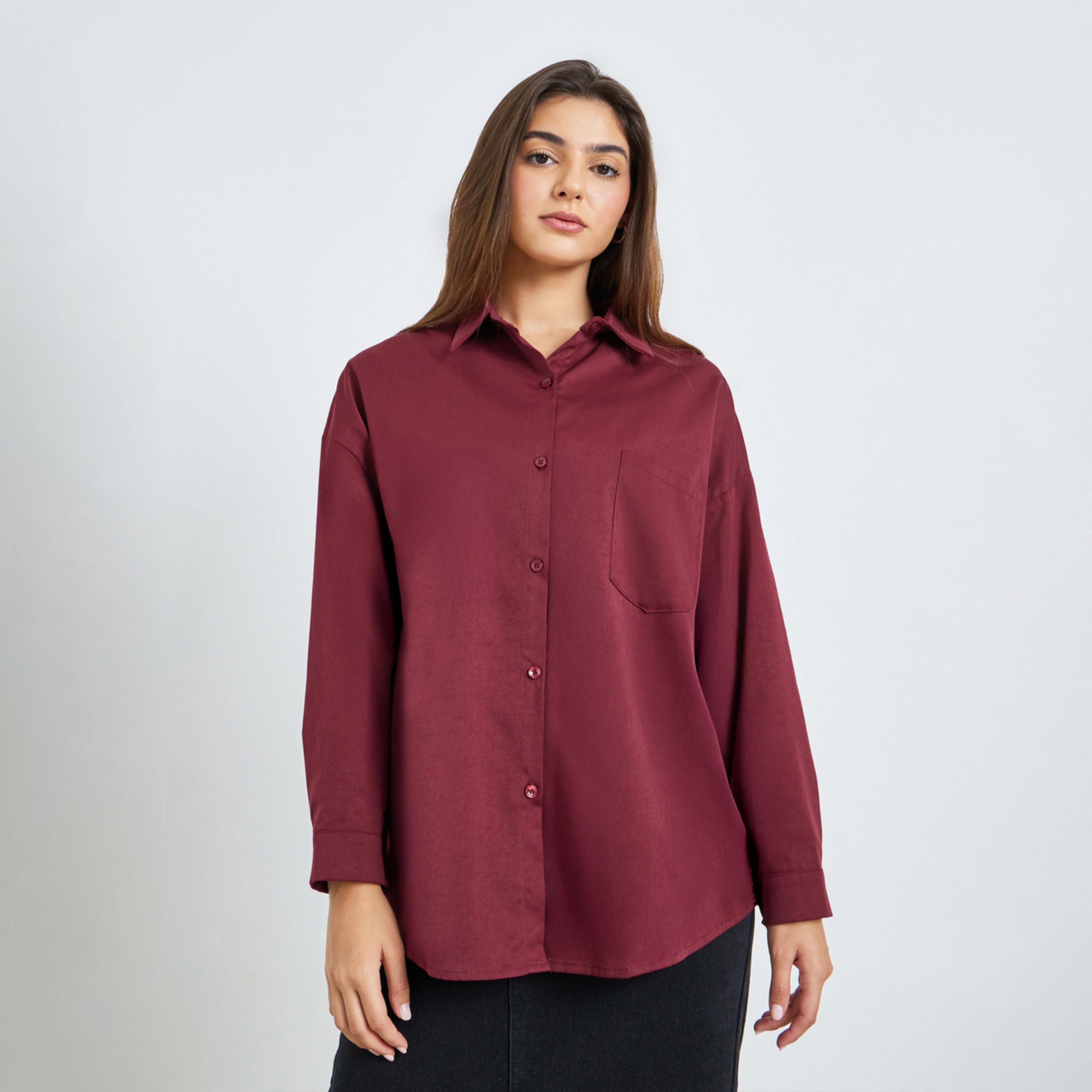 ستايلي - قميص بورغندي فضفاض بجيب-women-clothing-shirtsandblouses-shirts-image-1