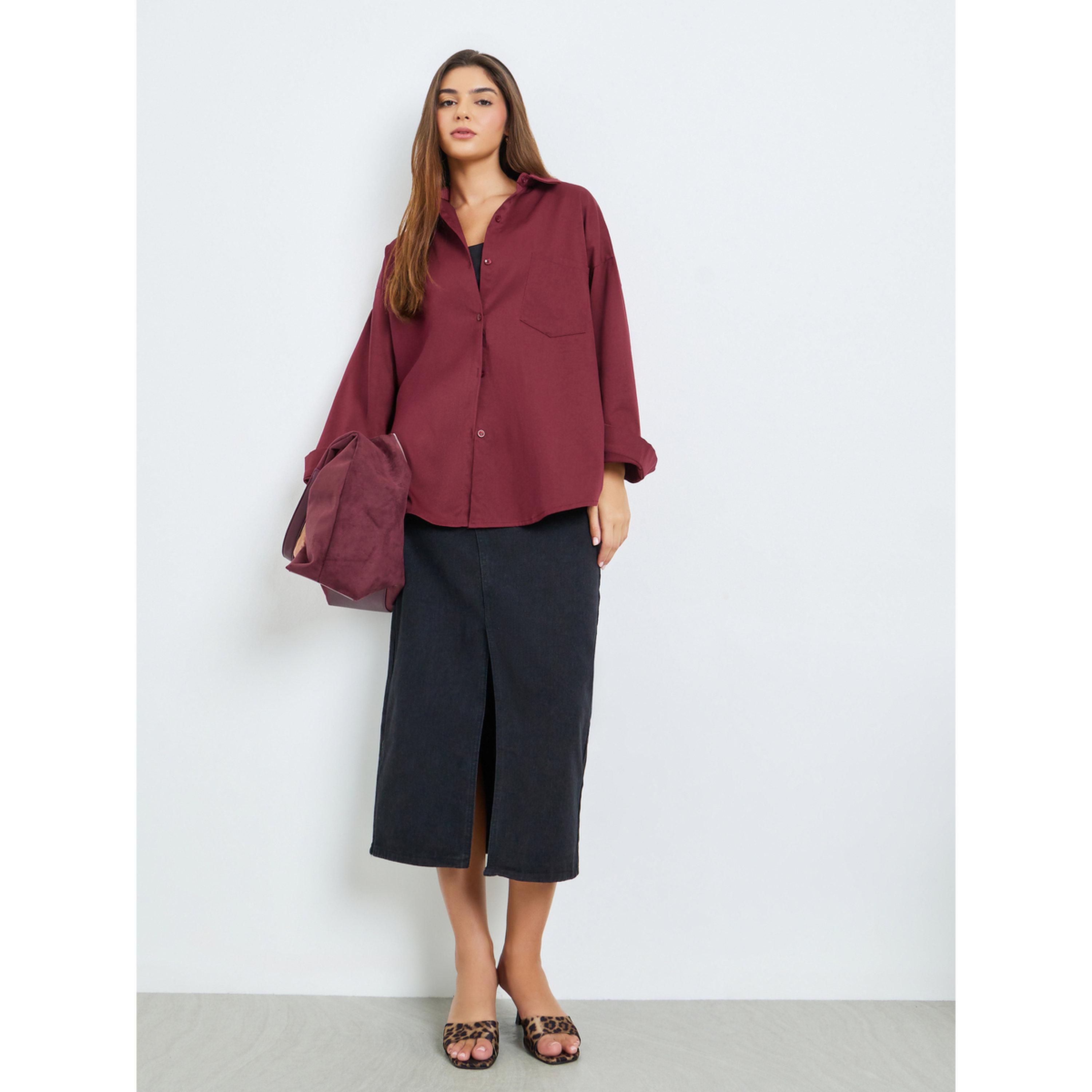 Styli Burgundy Oversized Shirt with Pocket-women-clothing-shirtsandblouses-shirts-image-2