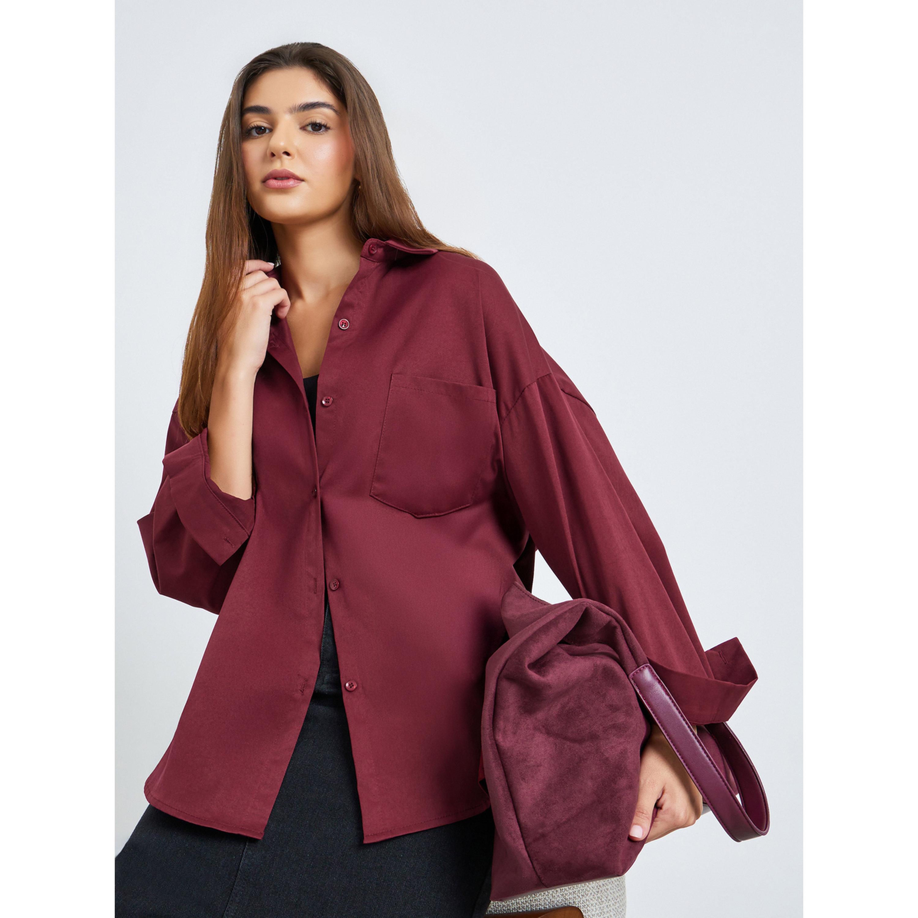 ستايلي - قميص بورغندي فضفاض بجيب-women-clothing-shirtsandblouses-shirts-image-3