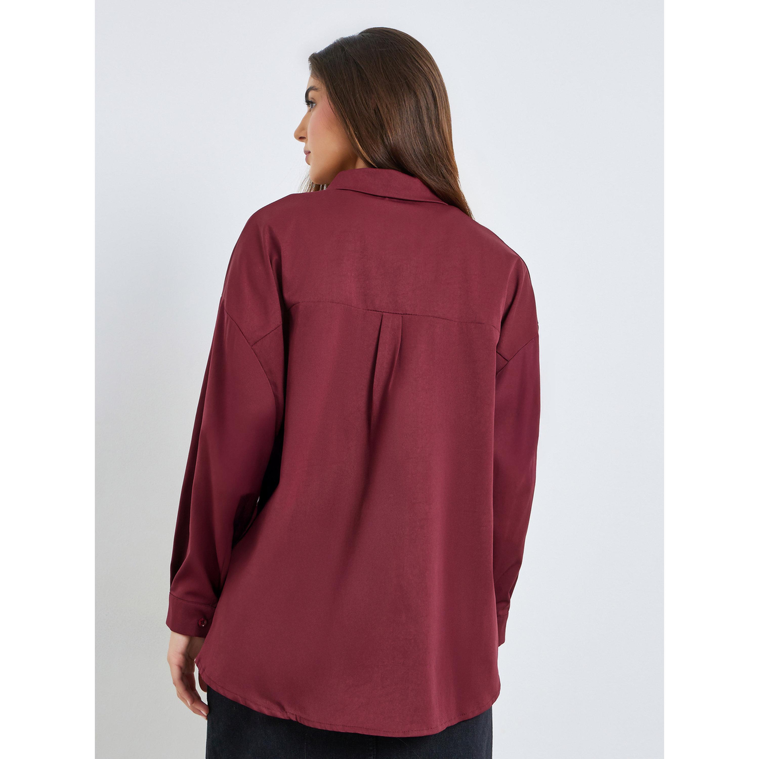Styli Burgundy Oversized Shirt with Pocket-women-clothing-shirtsandblouses-shirts-image-4