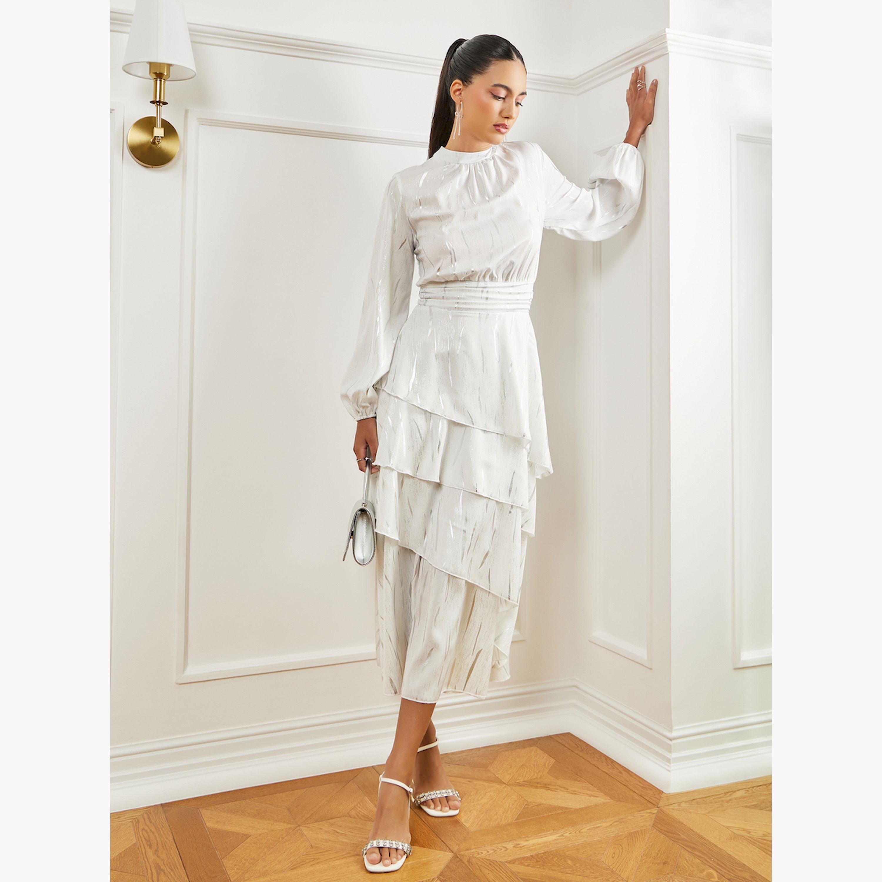 Styli Off-White Textured Layered Maxi Dress-women-clothing-dresses-image-2