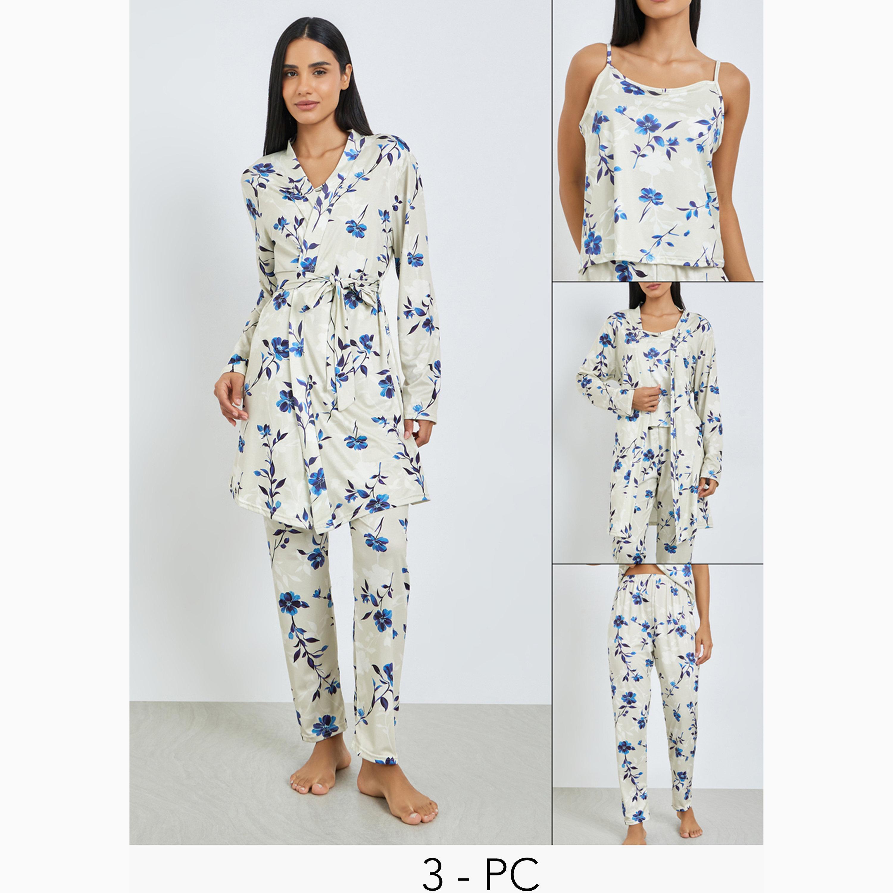 مجموعة من 3 بيجاما وروب وبلوزة كامي بطبعة زهور-women-clothing-nightwear-pyjamas-longsets-image-1