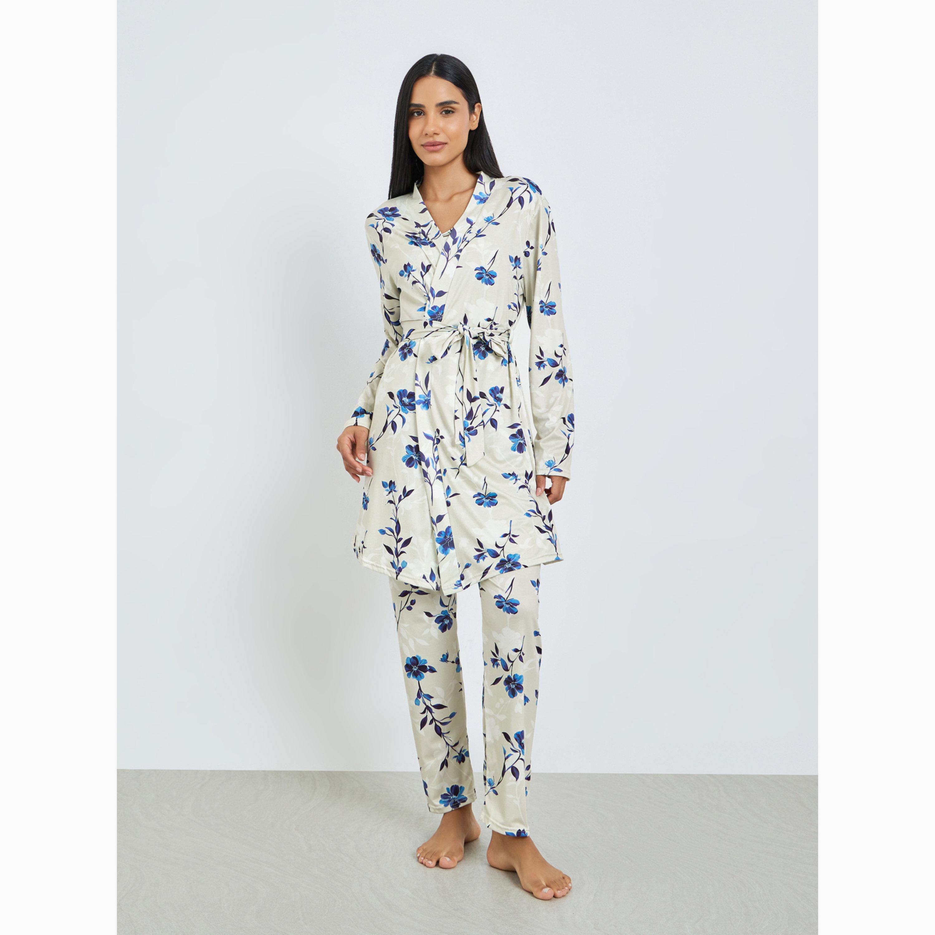 مجموعة من 3 بيجاما وروب وبلوزة كامي بطبعة زهور-women-clothing-nightwear-pyjamas-longsets-image-2