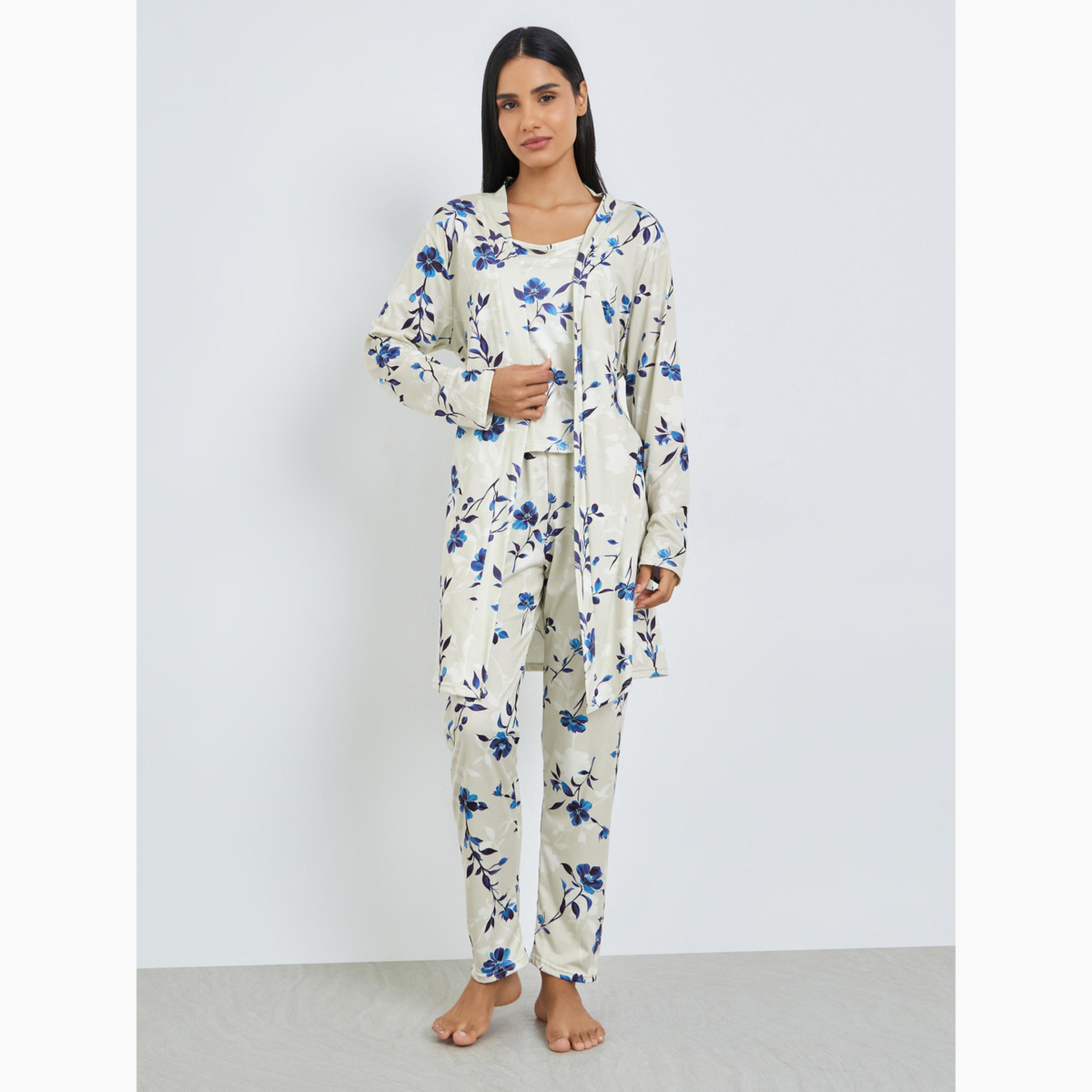 مجموعة من 3 بيجاما وروب وبلوزة كامي بطبعة زهور-women-clothing-nightwear-pyjamas-longsets-image-3