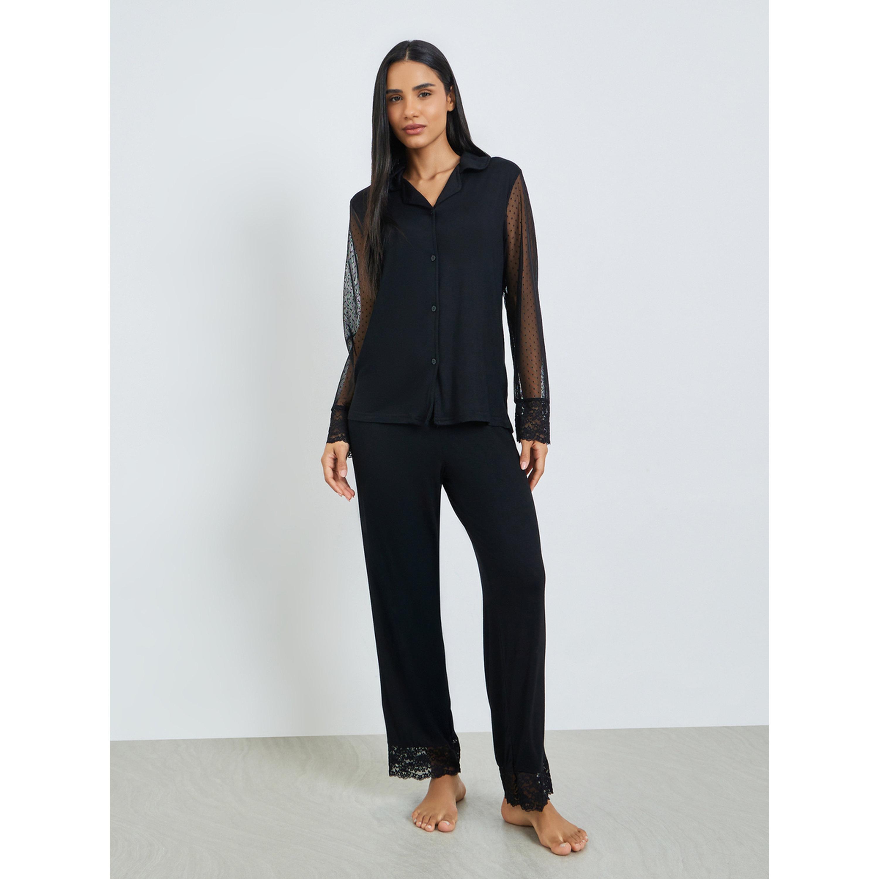 Styli Black Lace Trim Shirt and Pyjama Set-women-clothing-nightwear-pyjamas-longsets-image-1