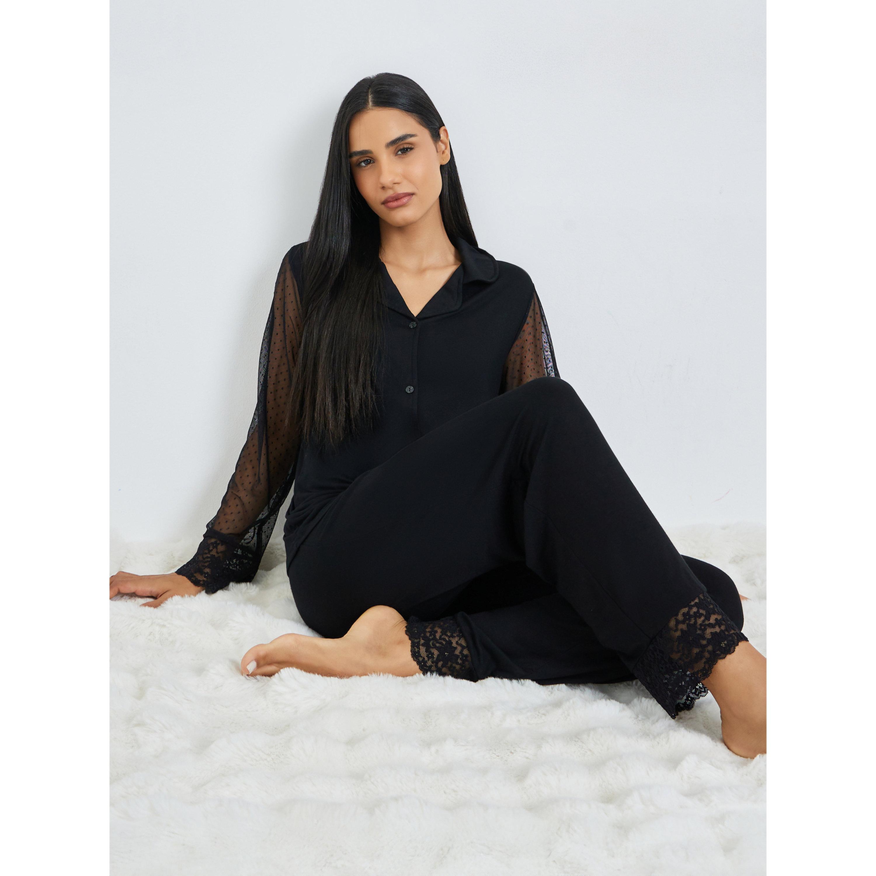 Styli Black Lace Trim Shirt and Pyjama Set-women-clothing-nightwear-pyjamas-longsets-image-2