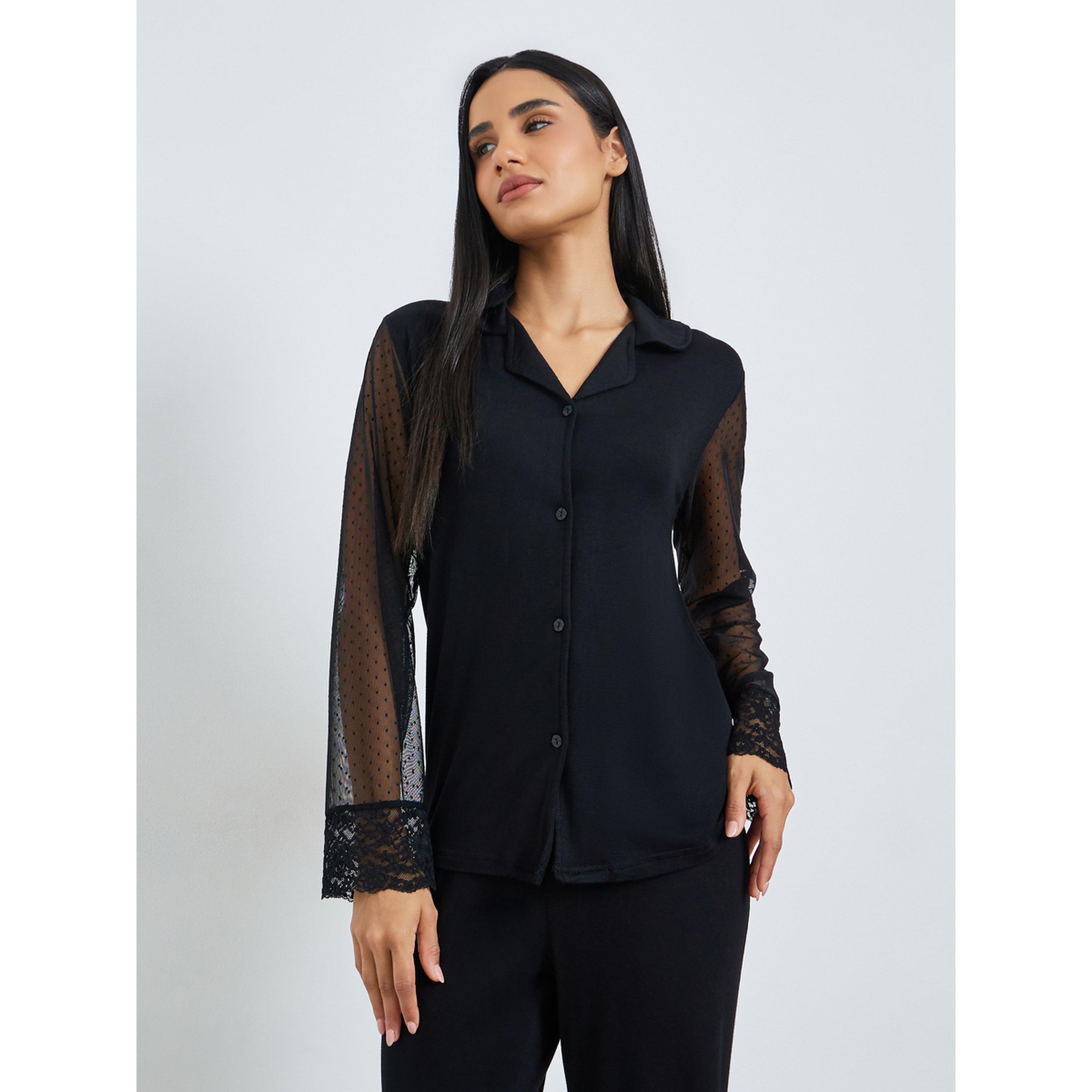 Styli Black Lace Trim Shirt and Pyjama Set-women-clothing-nightwear-pyjamas-longsets-image-3