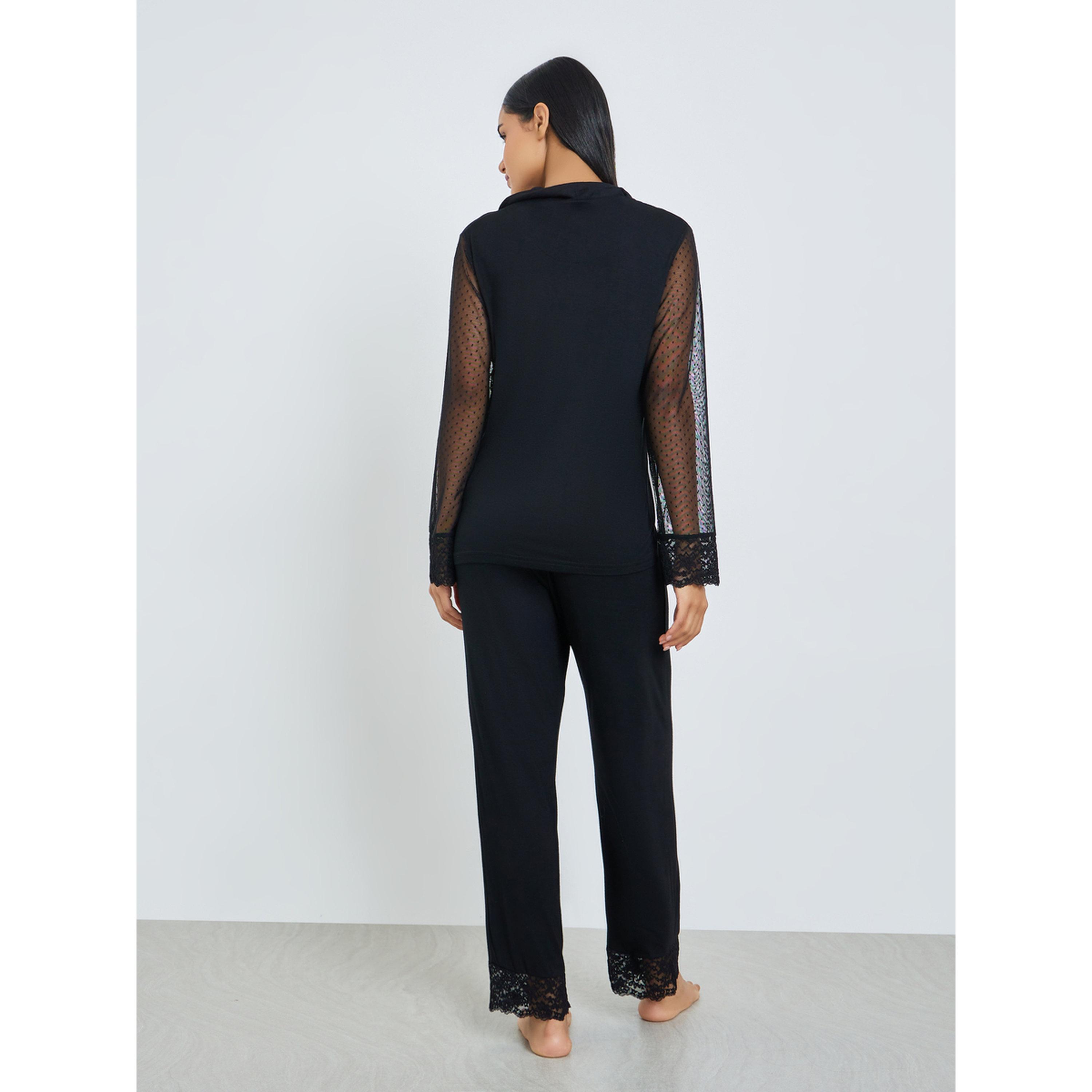 Styli Black Lace Trim Shirt and Pyjama Set-women-clothing-nightwear-pyjamas-longsets-image-4