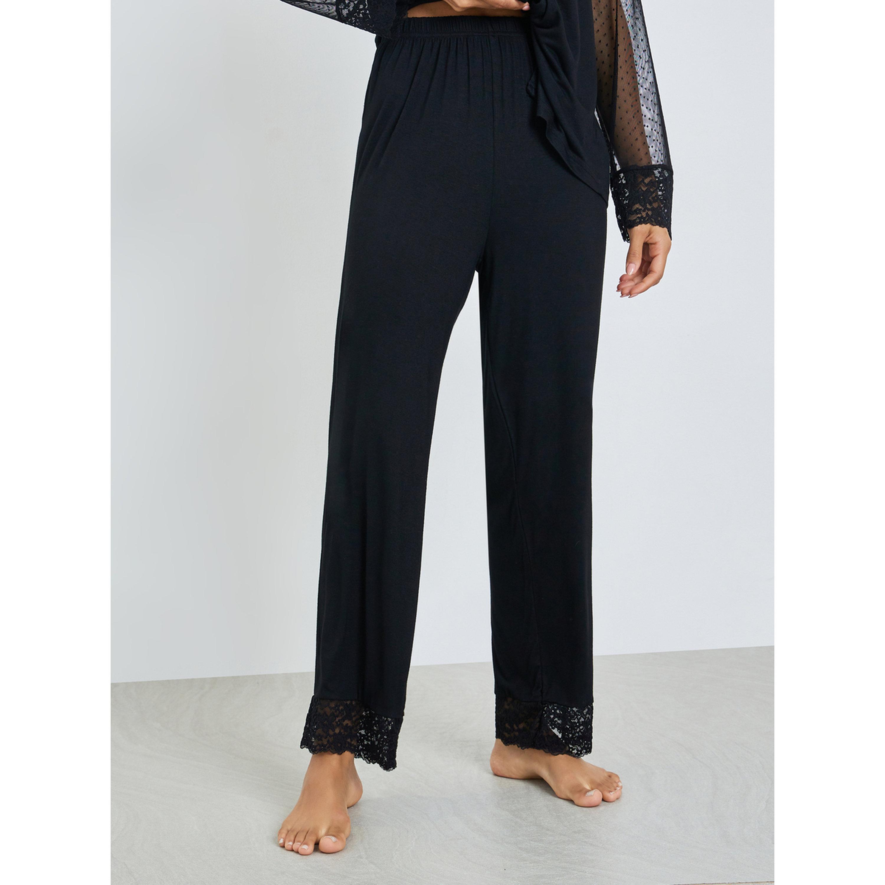 Styli Black Lace Trim Shirt and Pyjama Set-women-clothing-nightwear-pyjamas-longsets-image-5