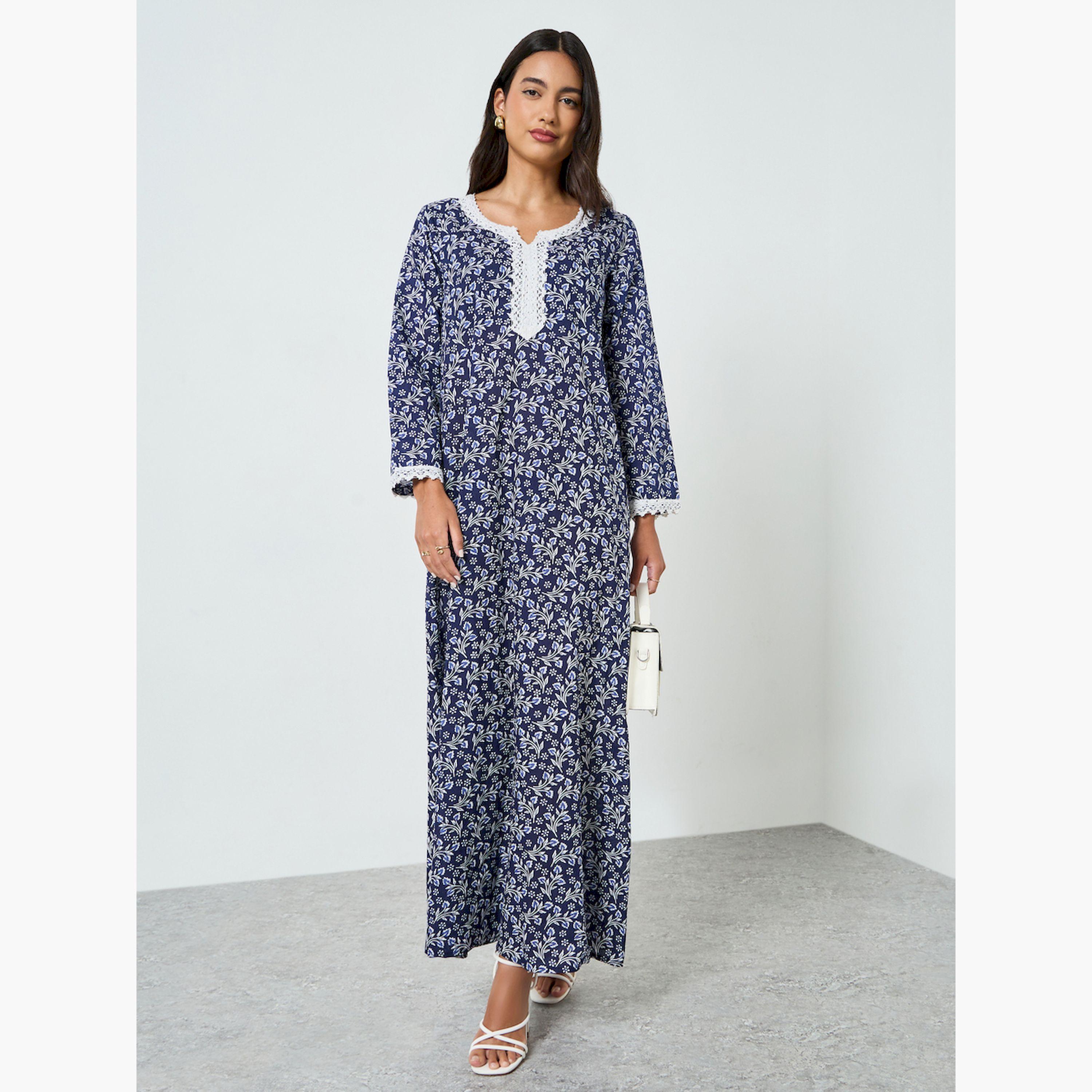 جلابية بحافة واسعة وطبعة زهور مع تفاصيل دانتيل-women-arabicclothing-jalabiyas-image-3