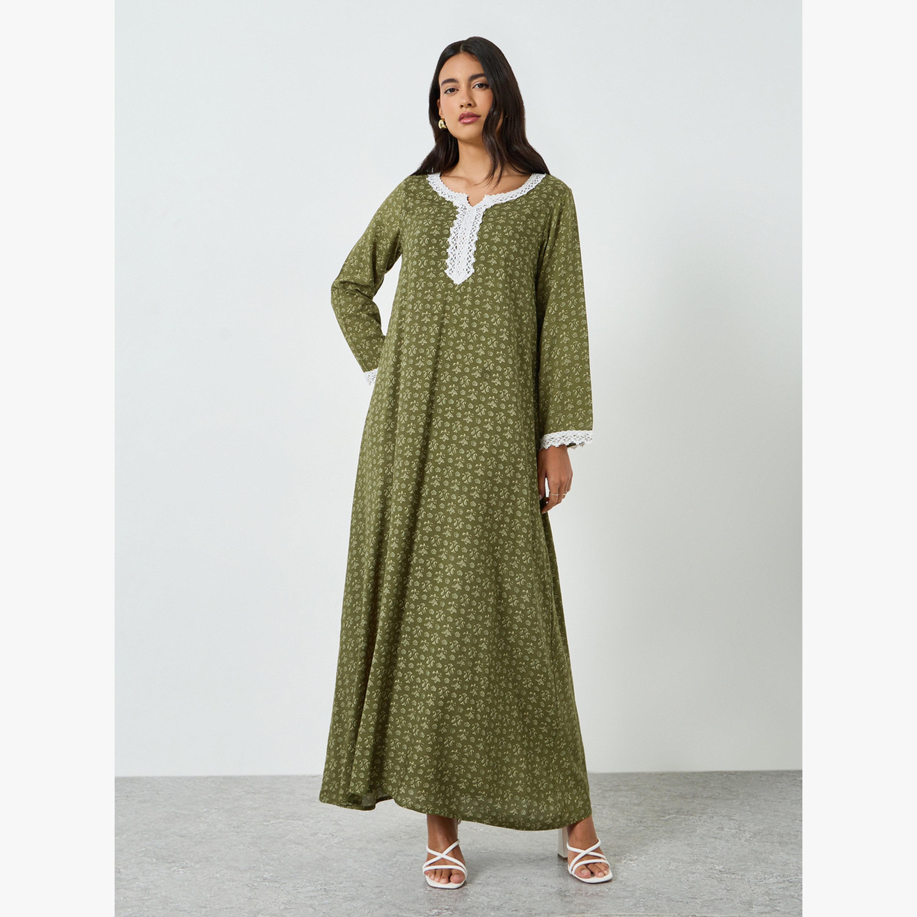 Styli Green Floral Print Lace Detail A-Line Jalabiya-women-arabicclothing-jalabiyas-image-1