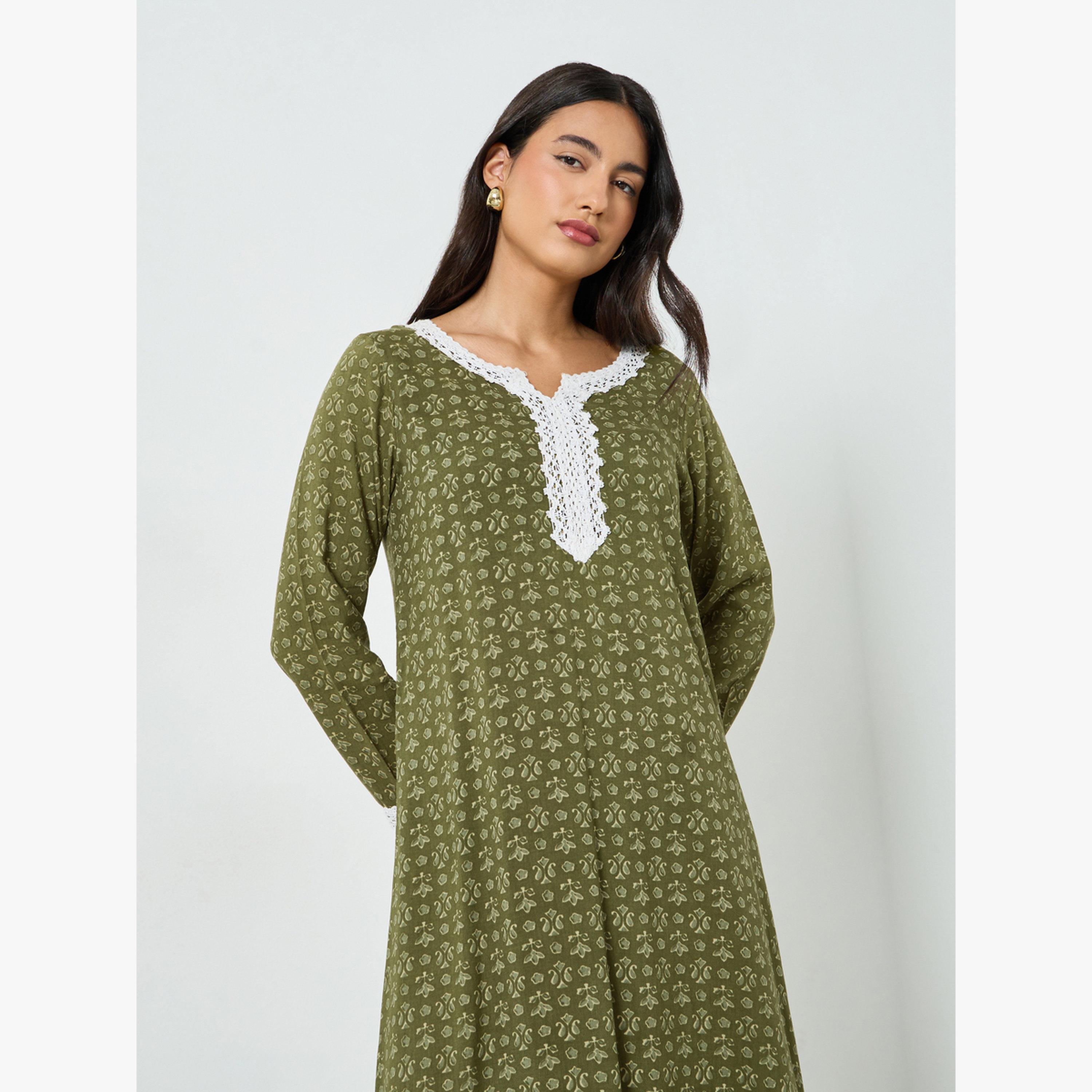 Styli Green Floral Print Lace Detail A-Line Jalabiya-women-arabicclothing-jalabiyas-image-2