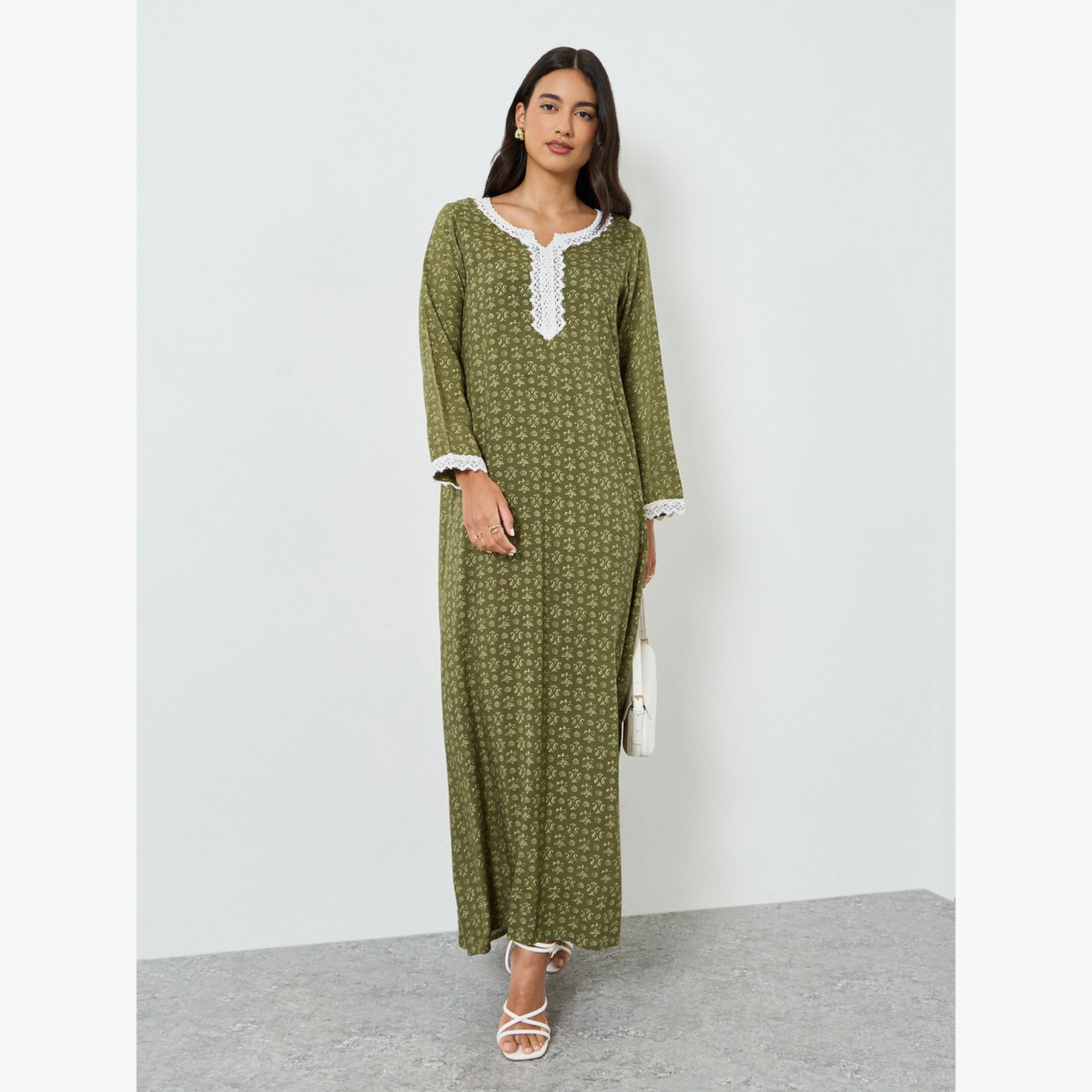 جلابية بحافة واسعة وتفاصيل دانتيل وطبعة أزهار-women-arabicclothing-jalabiyas-image-3