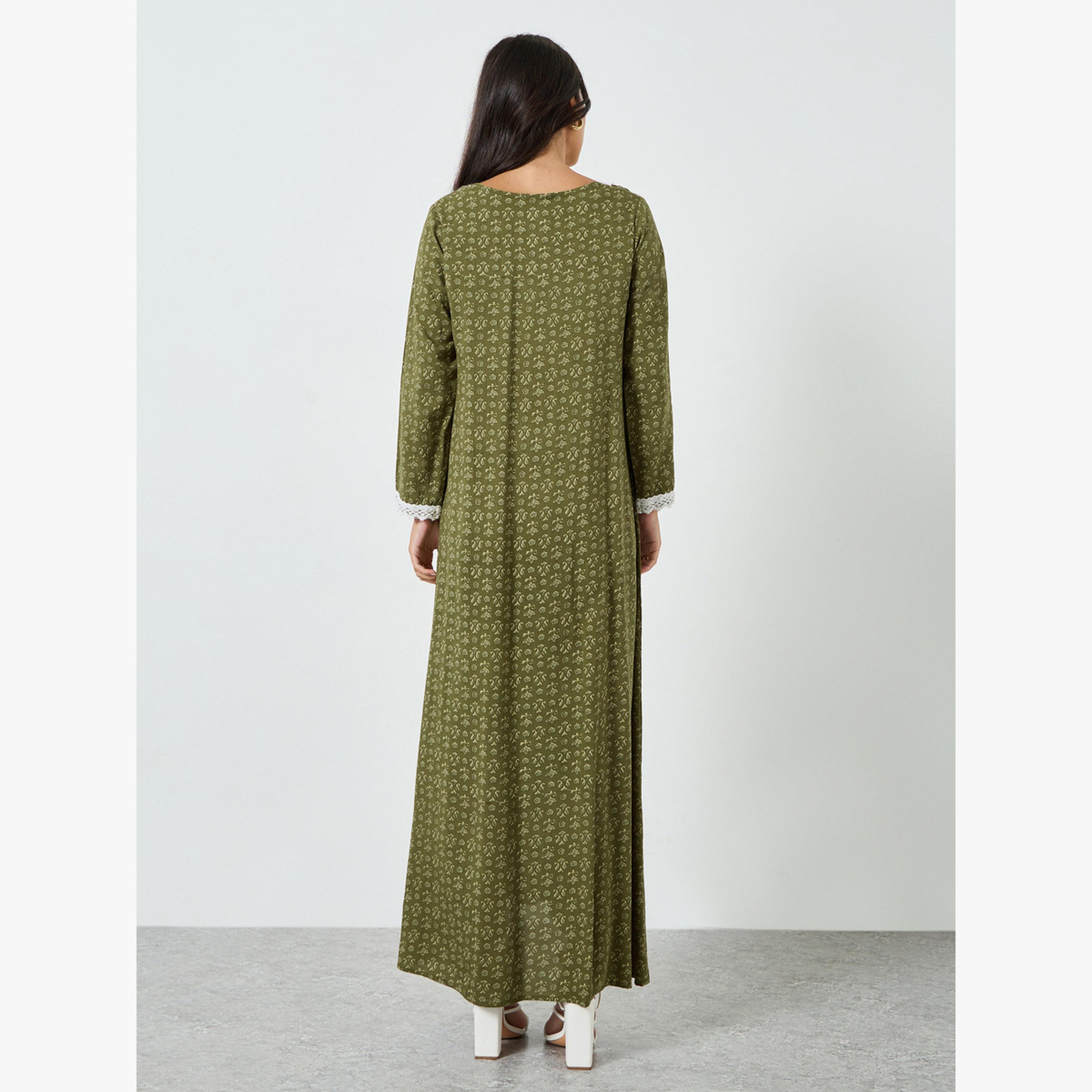 جلابية بحافة واسعة وتفاصيل دانتيل وطبعة أزهار-women-arabicclothing-jalabiyas-image-4