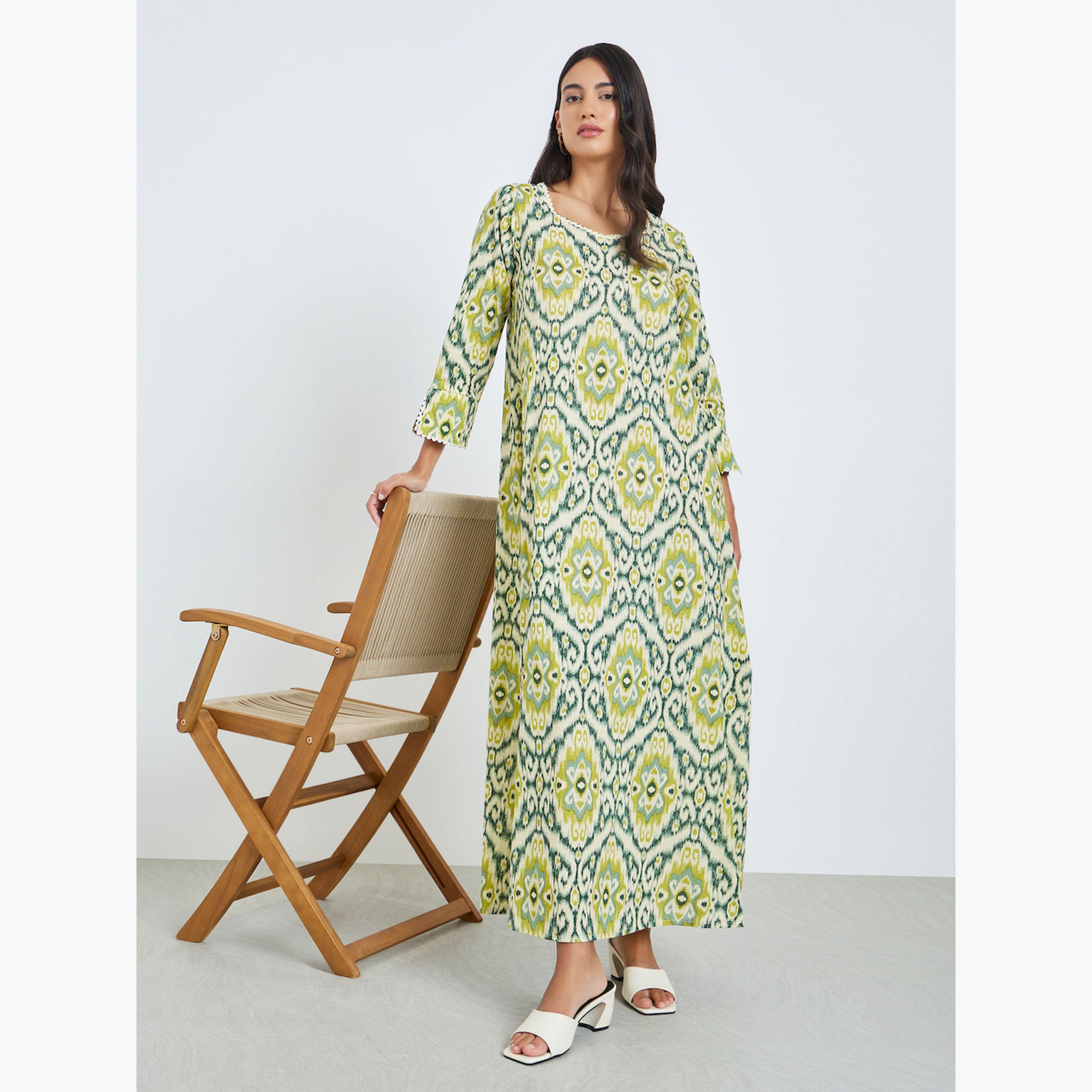 Styli Yellow Printed Square Neck A-Line Jalabiya-women-arabicclothing-jalabiyas-image-1
