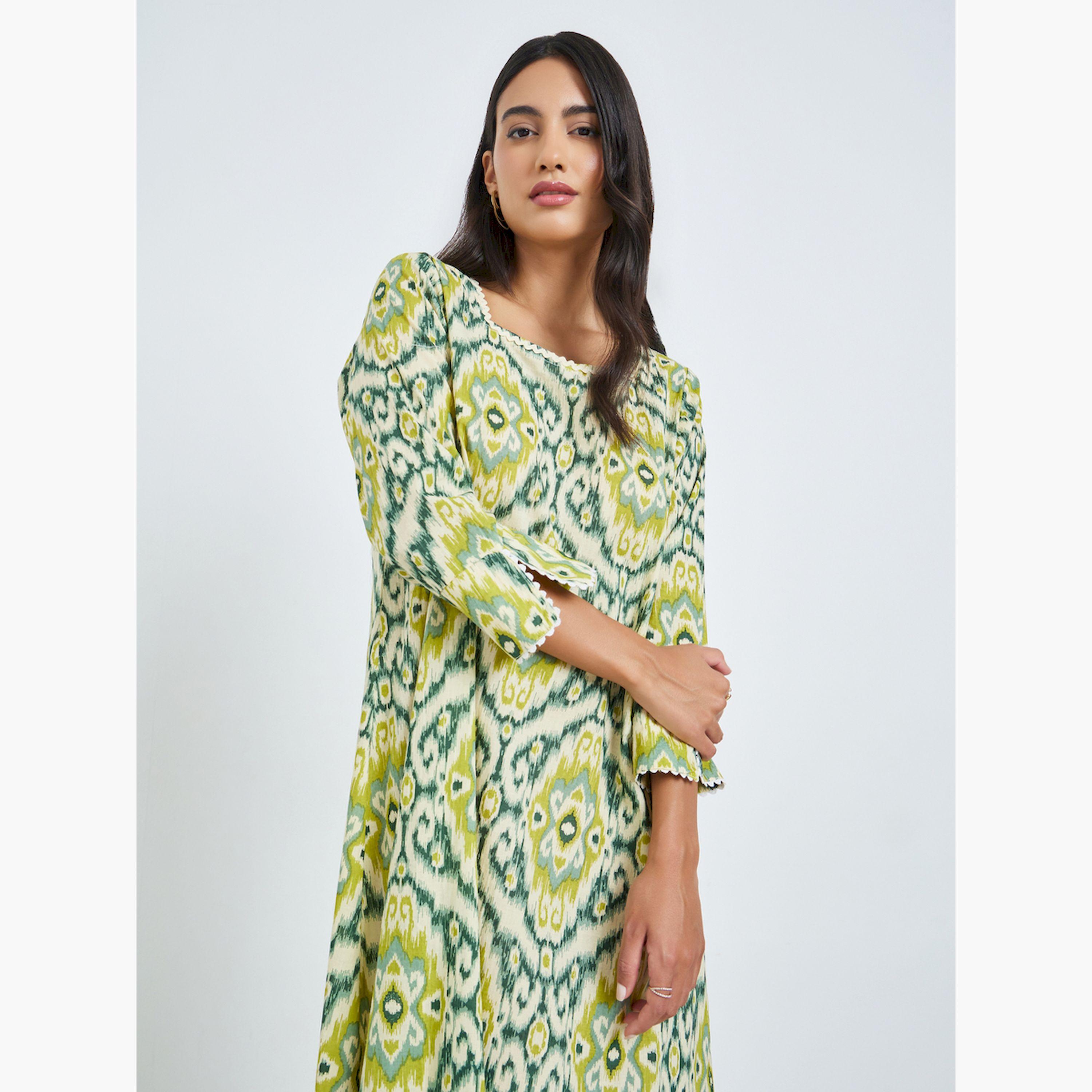 Styli Yellow Printed Square Neck A-Line Jalabiya-women-arabicclothing-jalabiyas-image-2