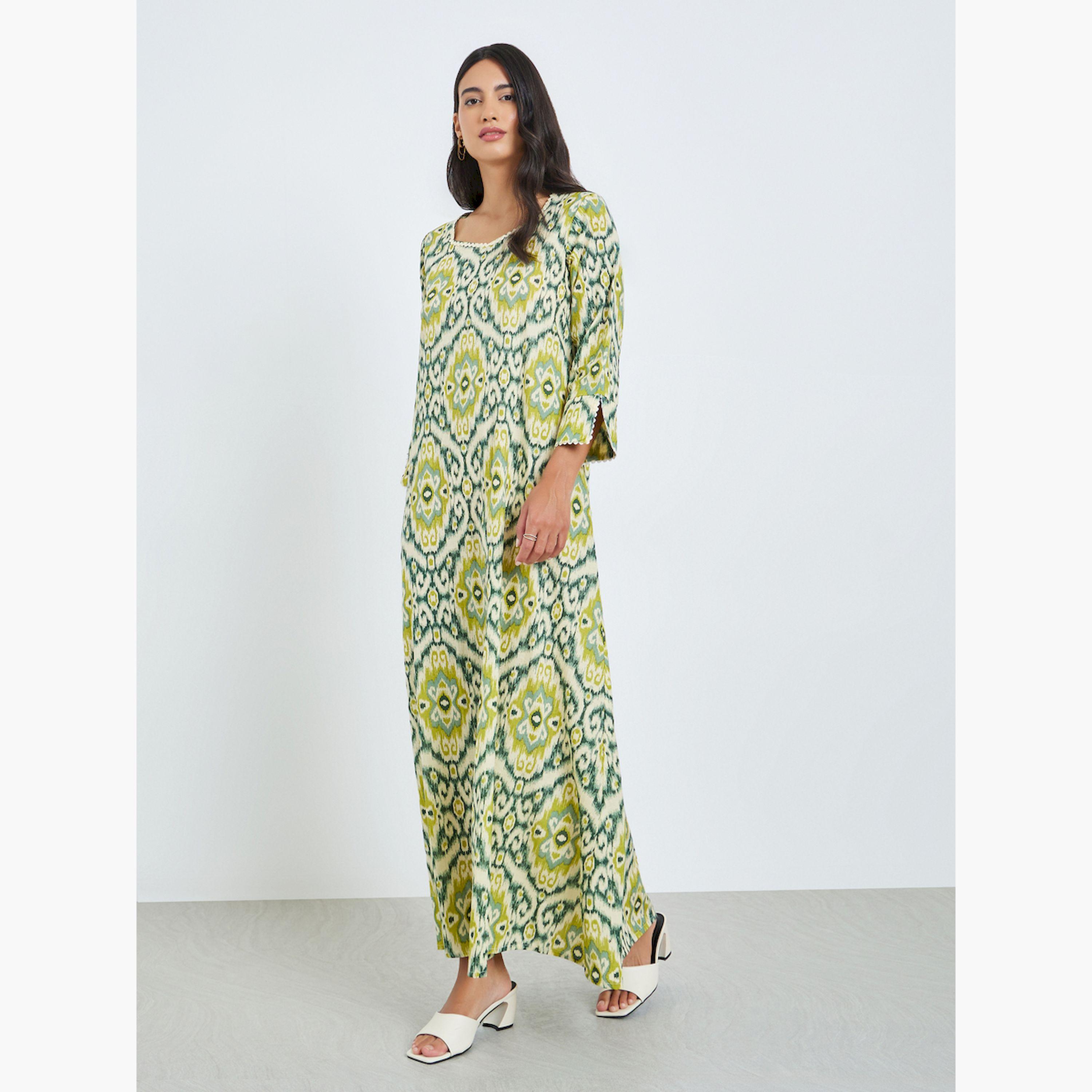 Styli Yellow Printed Square Neck A-Line Jalabiya-women-arabicclothing-jalabiyas-image-3