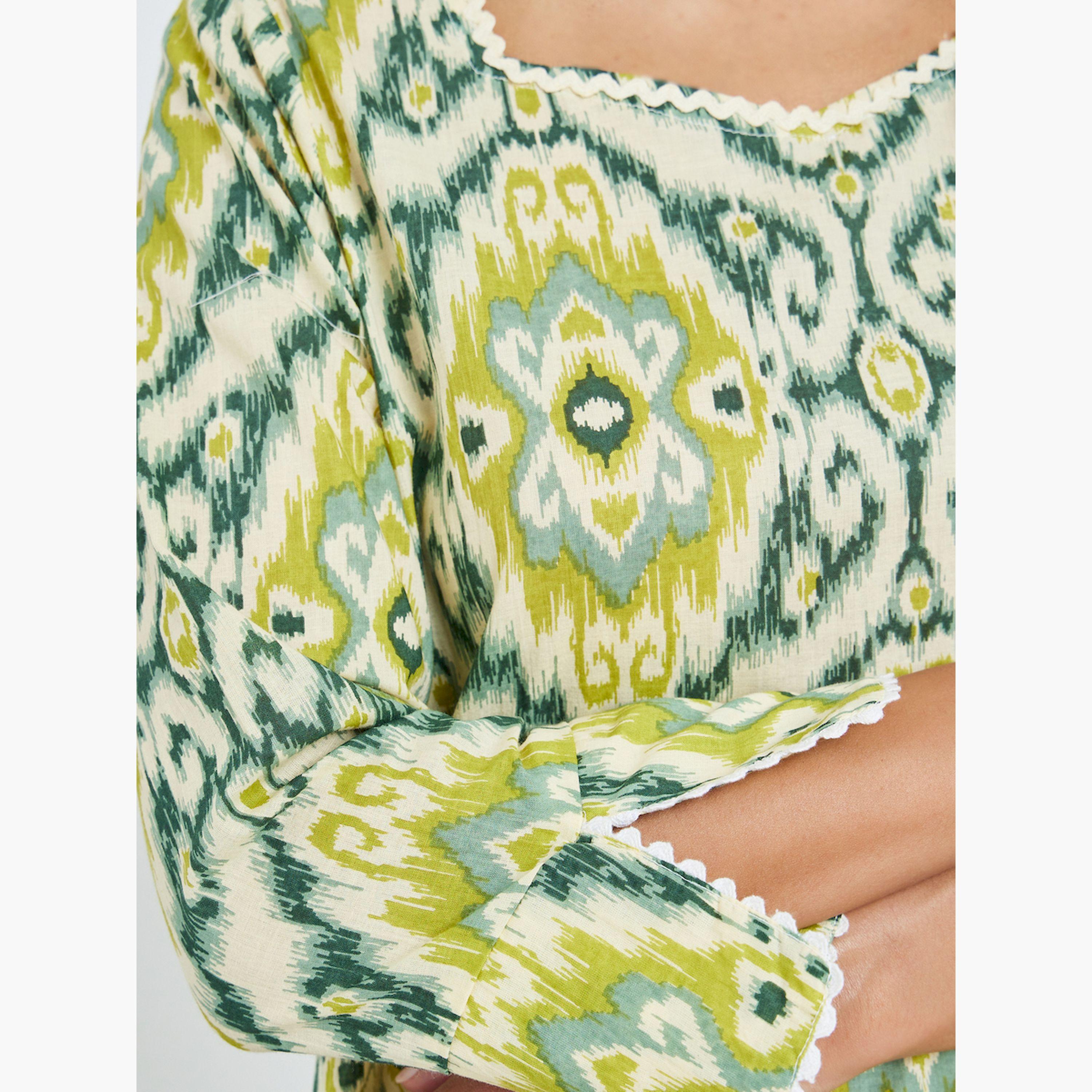 Styli Yellow Printed Square Neck A-Line Jalabiya-women-arabicclothing-jalabiyas-image-4