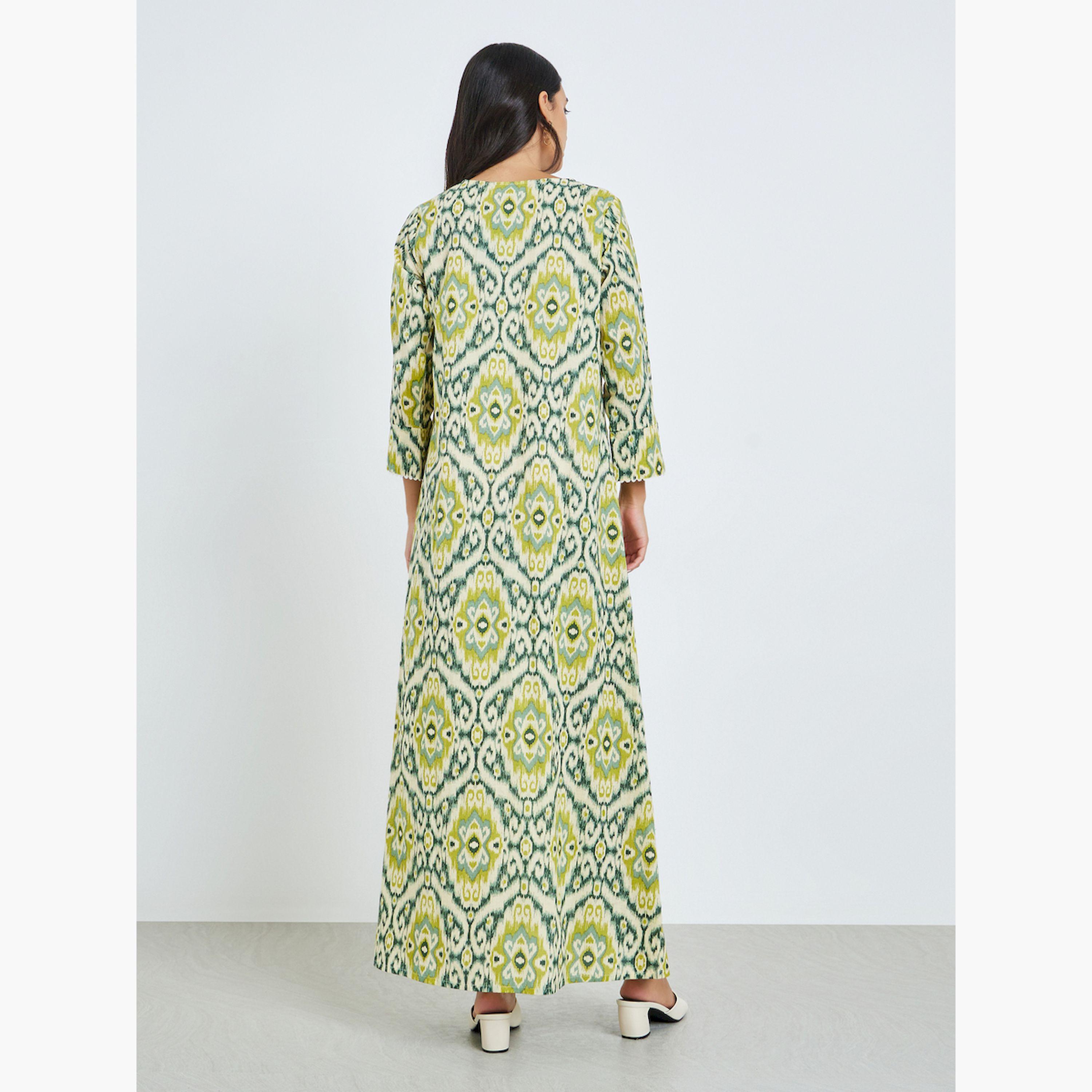 Styli Yellow Printed Square Neck A-Line Jalabiya-women-arabicclothing-jalabiyas-image-5