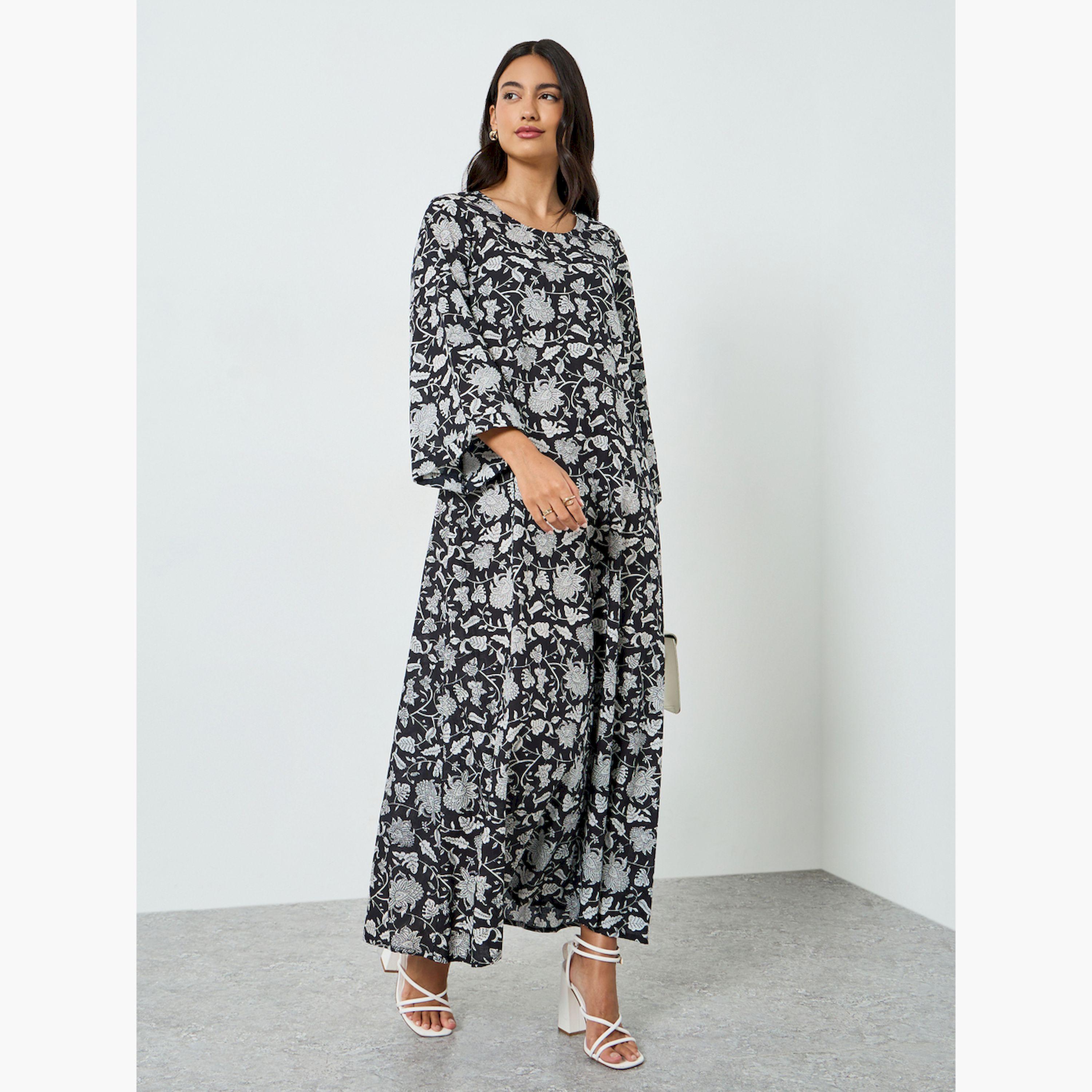 جلابية بحافة واسعة وطبعة زهور-women-arabicclothing-jalabiyas-image-4