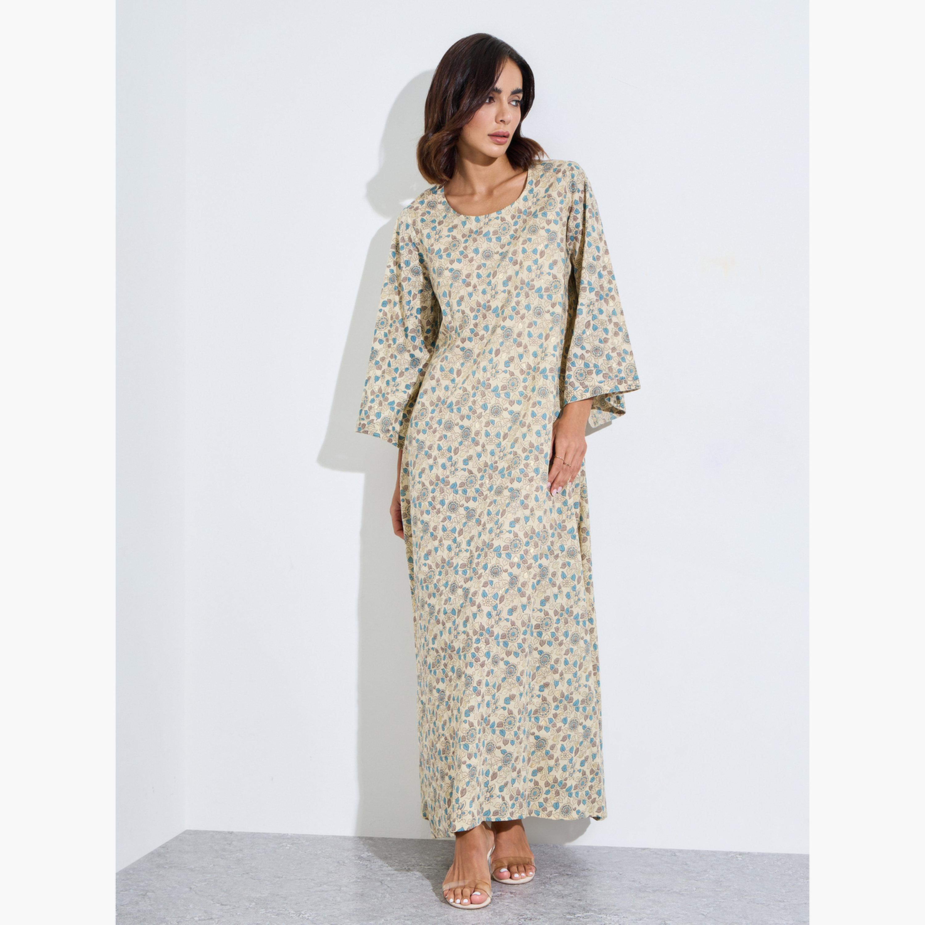 اميرة × ستايلي - جلابية برقبة دائرية مزينة بطبعة زهور كريمية اللون-women-arabicclothing-jalabiyas-image-1