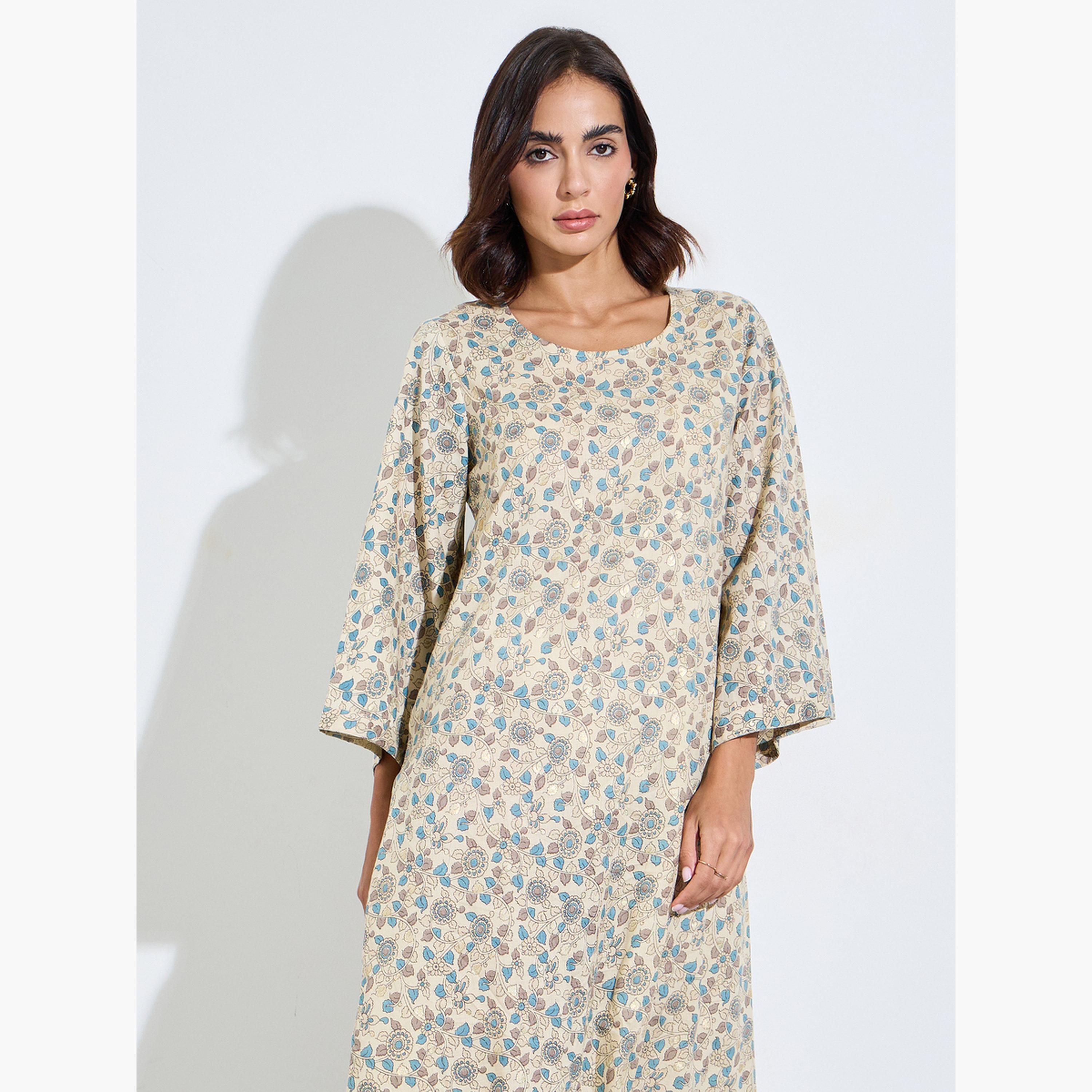 اميرة × ستايلي - جلابية برقبة دائرية مزينة بطبعة زهور كريمية اللون-women-arabicclothing-jalabiyas-image-2