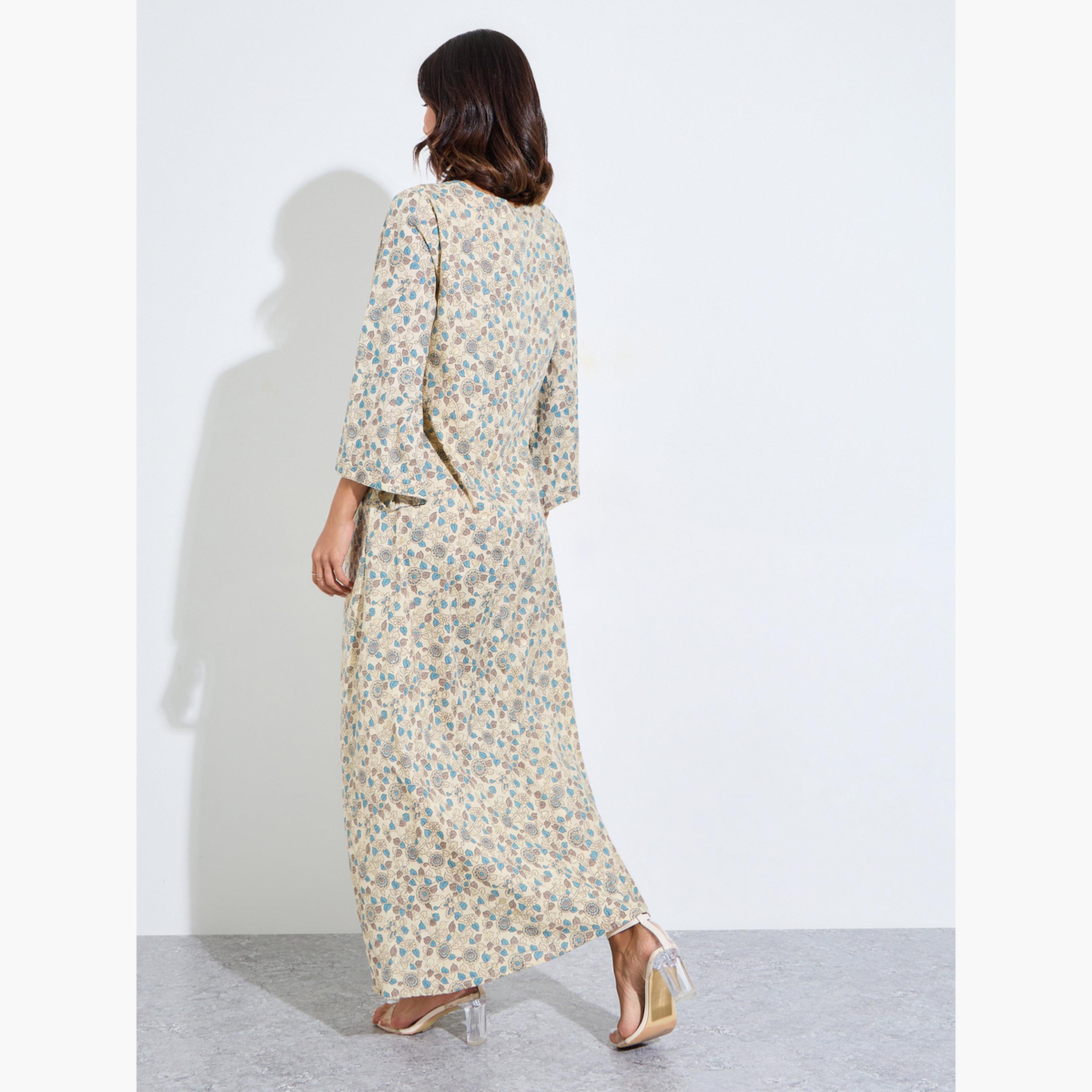 اميرة × ستايلي - جلابية برقبة دائرية مزينة بطبعة زهور كريمية اللون-women-arabicclothing-jalabiyas-image-3