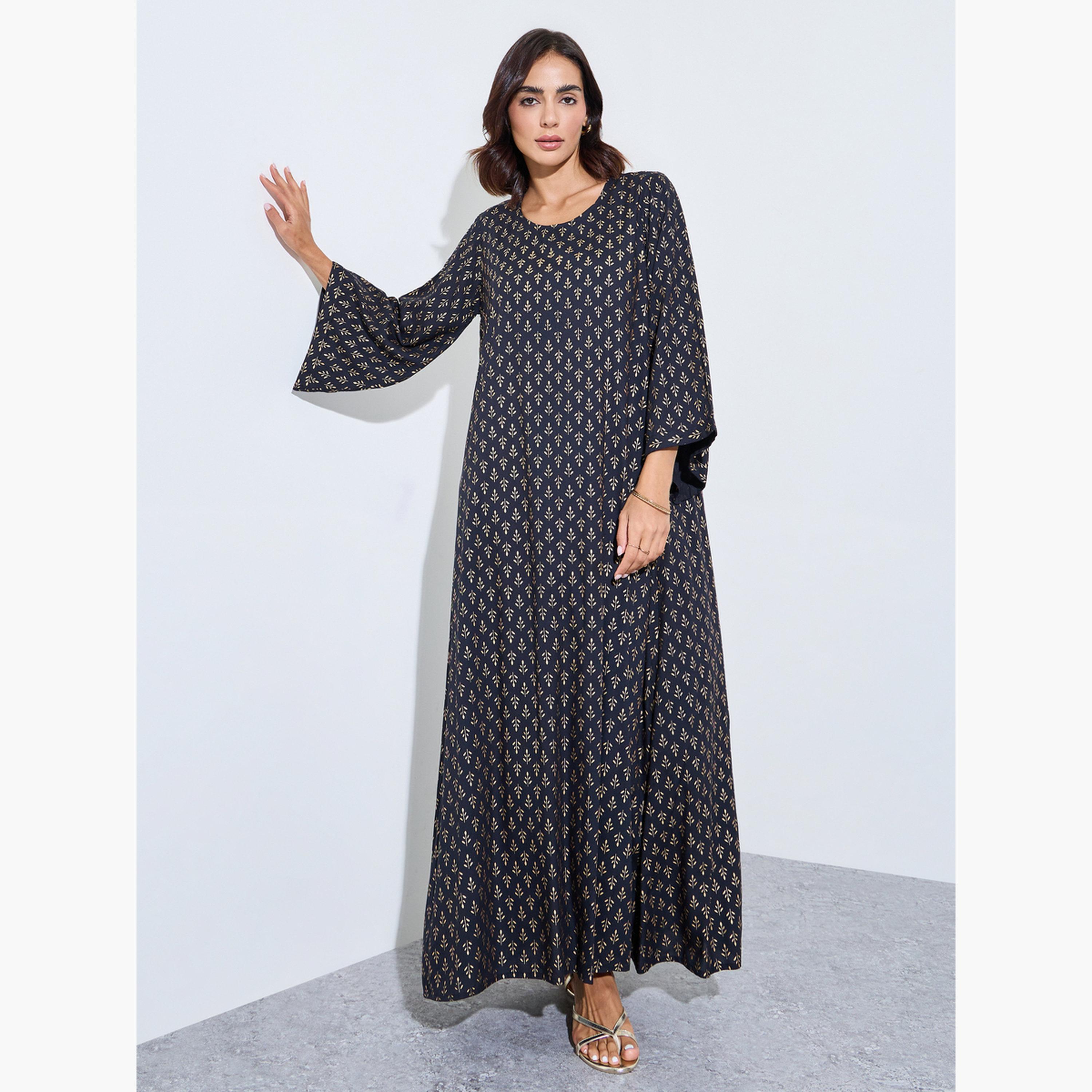 Amirah X Styli Black Foil Print Round Neck Jalabiya-women-arabicclothing-jalabiyas-image-1