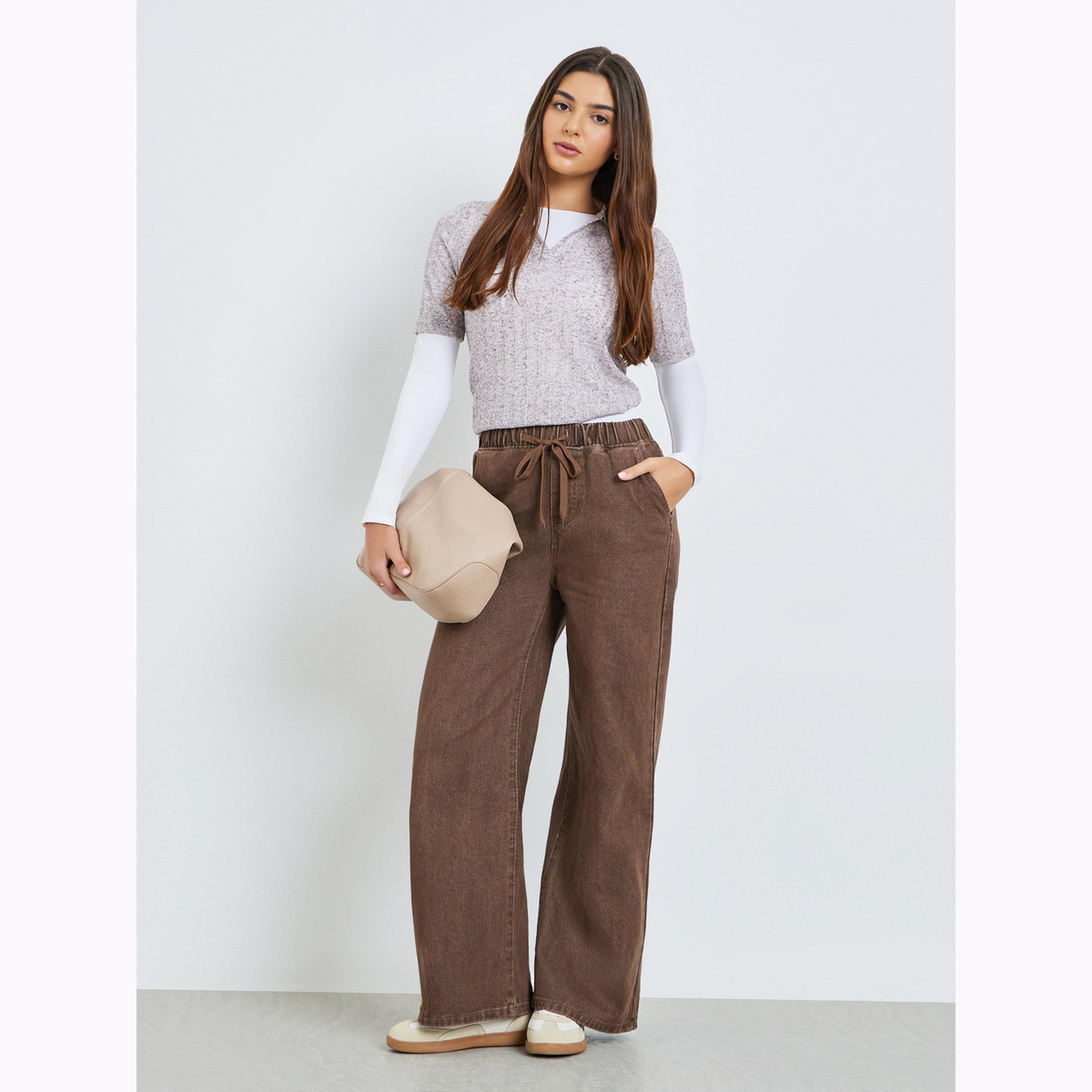 Styli Brown Joggers Style Wide Leg Washed Jeans-women-clothing-bottoms-joggers-image-2