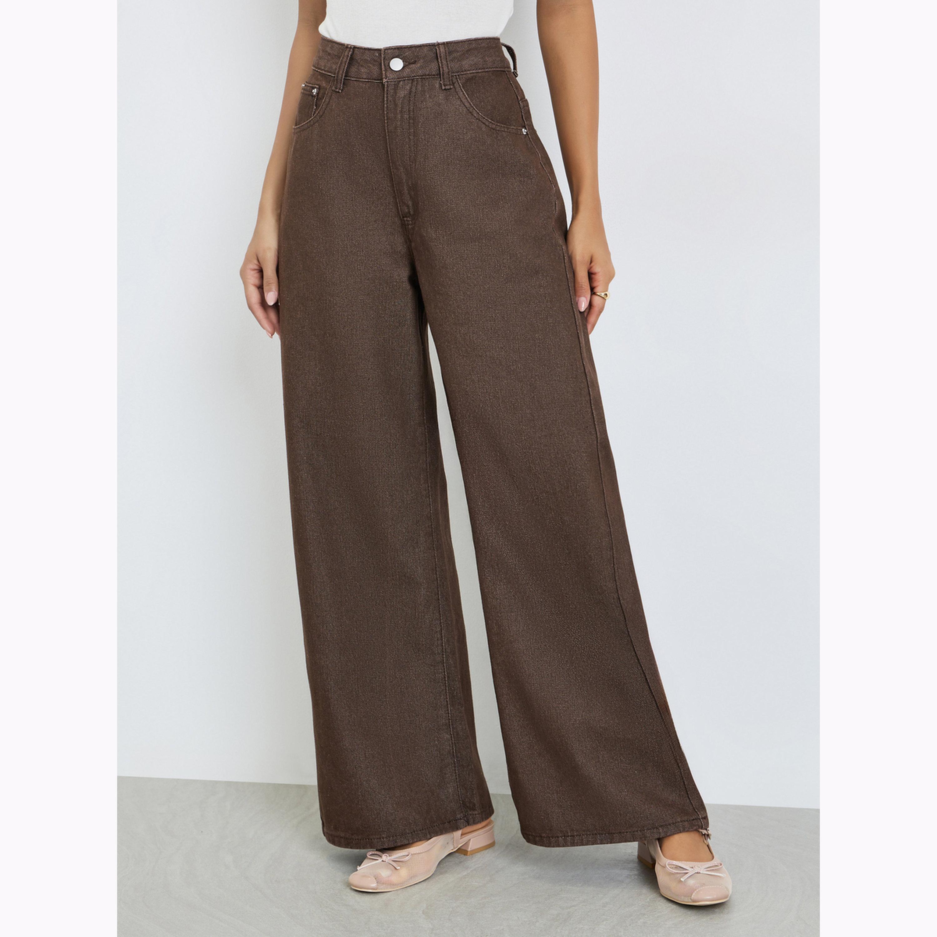 Styli Women Coffee Brown Wide Leg High Rise Jeans-women-clothing-bottoms-jeans-image-1