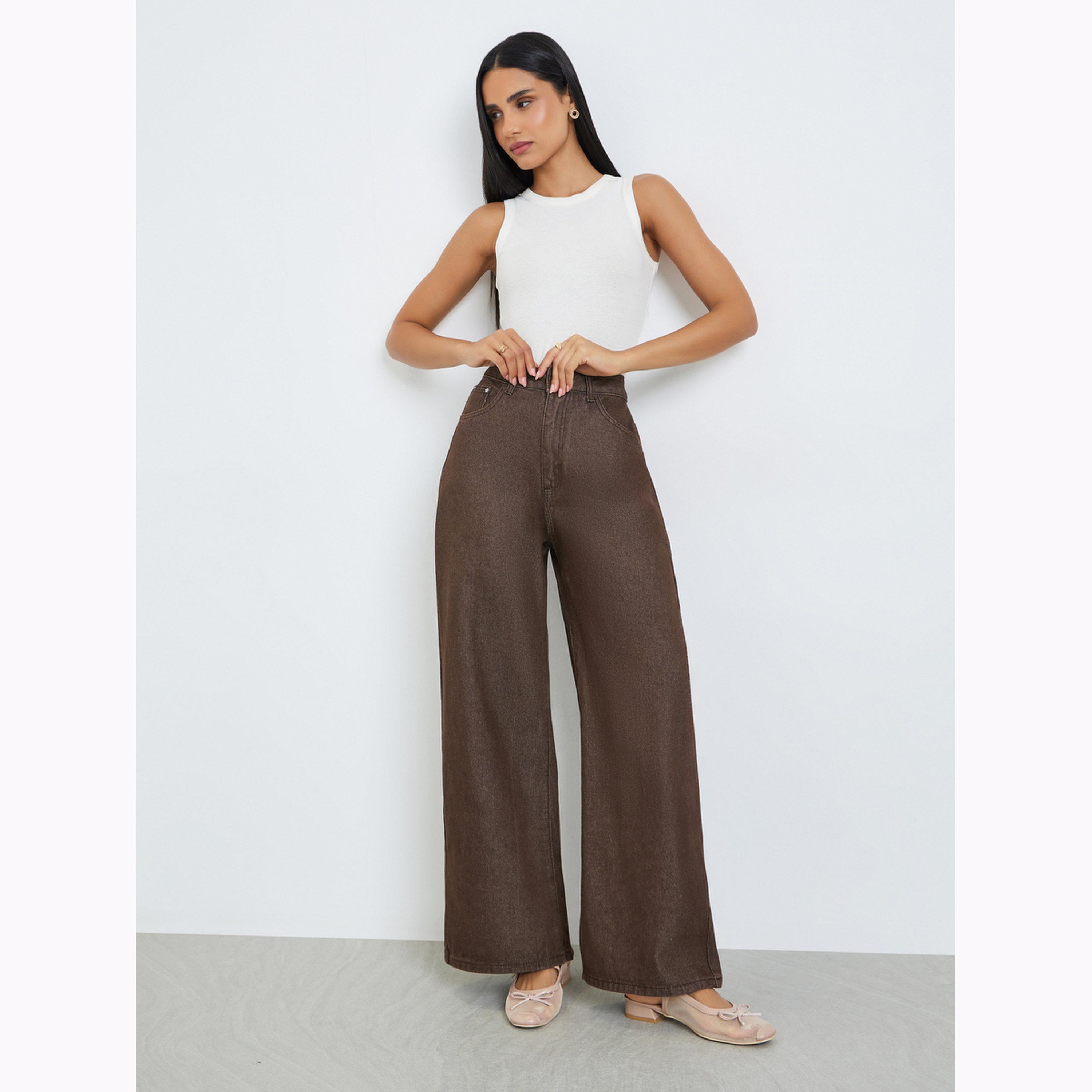 Styli Women Coffee Brown Wide Leg High Rise Jeans-women-clothing-bottoms-jeans-image-2