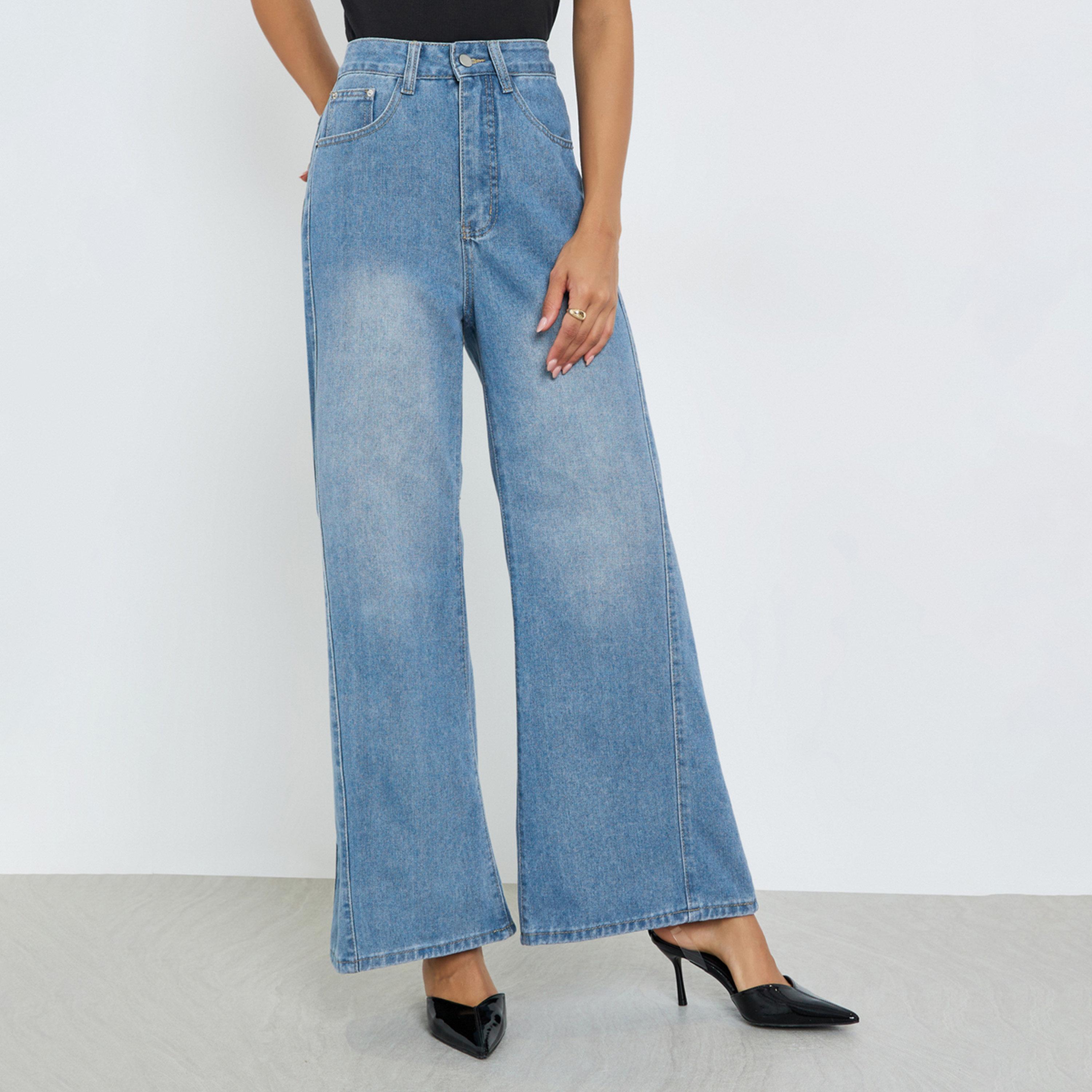 جينز بخصر مرتفع وأرجل واسعة وتفاصيل خياطة-women-clothing-bottoms-jeans-image-1