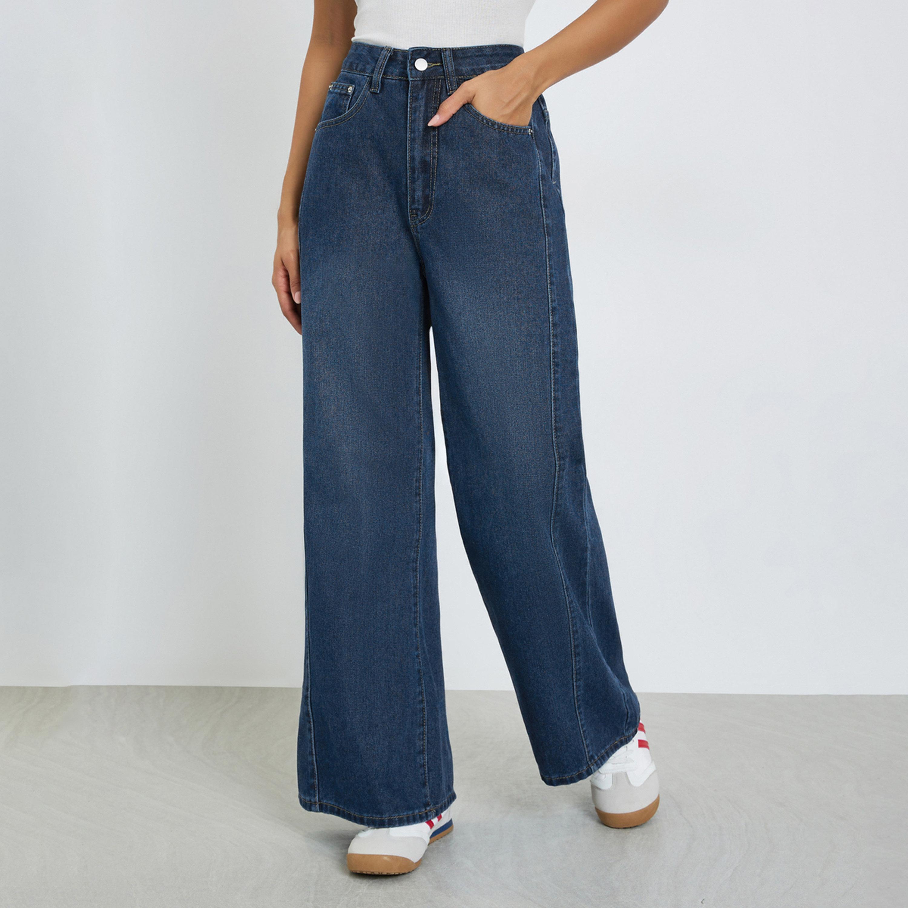جينز بخصر مرتفع وأرجل واسعة وتفاصيل خياطة-women-clothing-bottoms-jeans-image-1