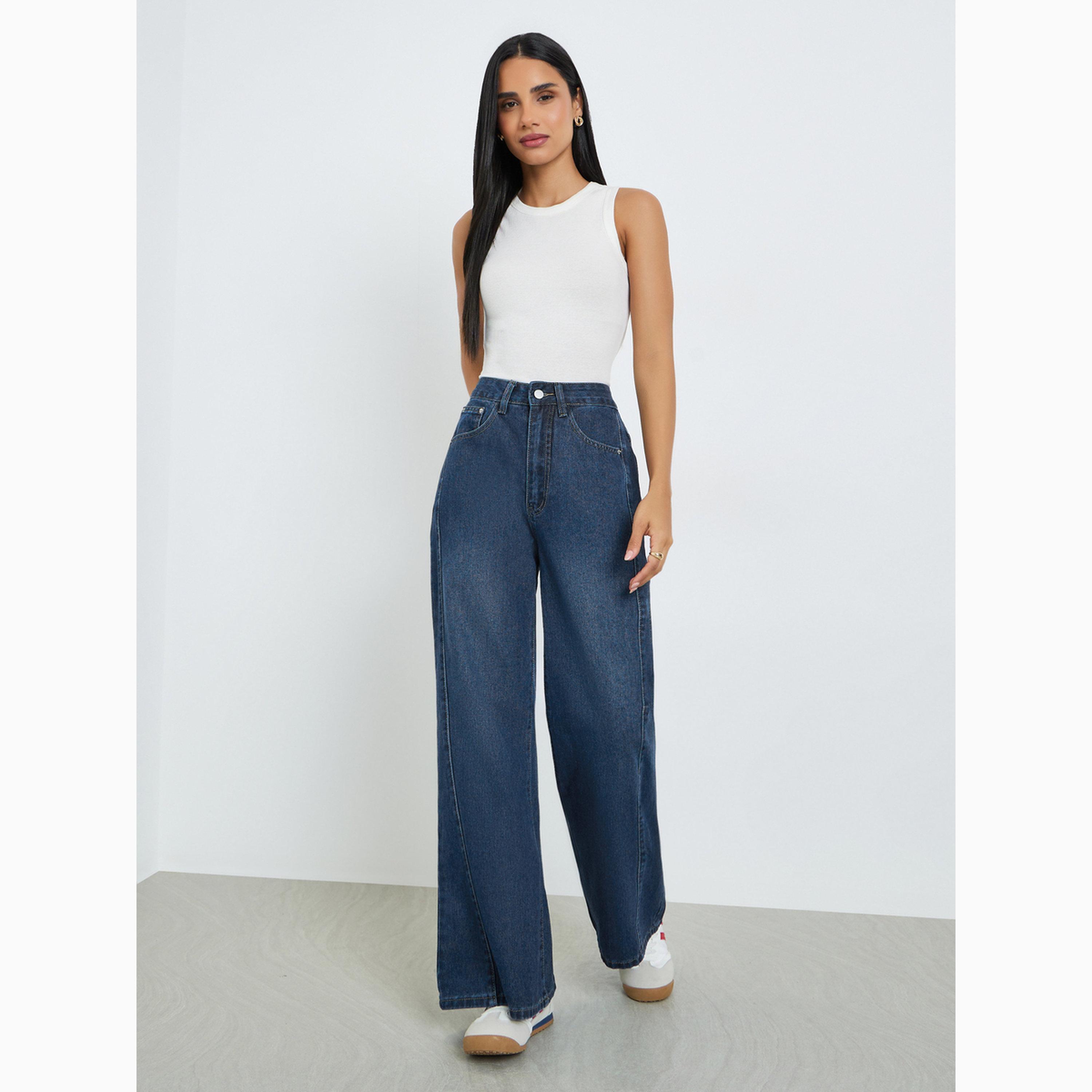 جينز بخصر مرتفع وأرجل واسعة وتفاصيل خياطة-women-clothing-bottoms-jeans-image-2
