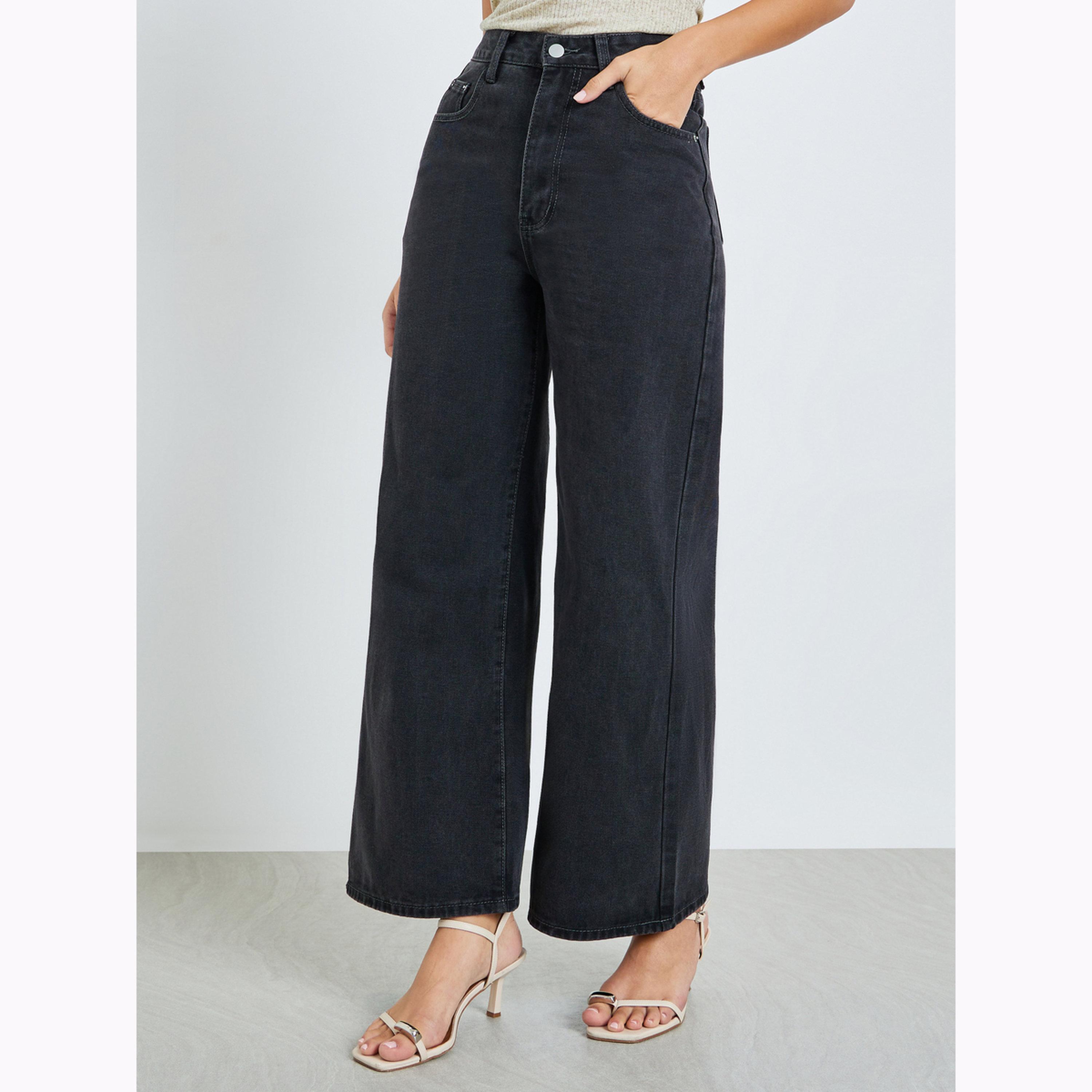 Styli Charcoal Mid Rise Wide Leg Jeans-women-clothing-bottoms-jeans-image-1