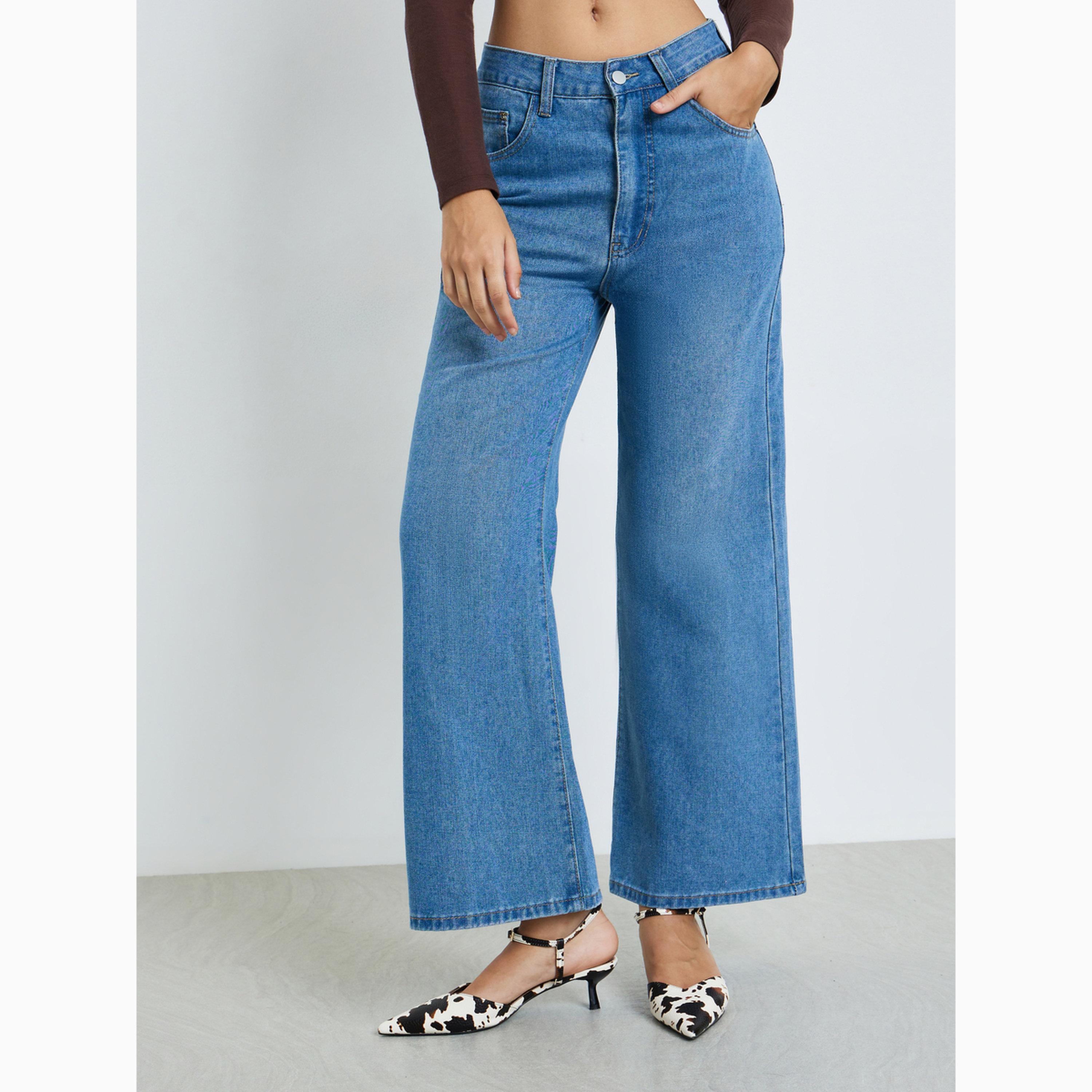 جينز بأرجل واسعة وخصر متوسط الارتفاع بلون أزرق-women-clothing-bottoms-jeans-image-1
