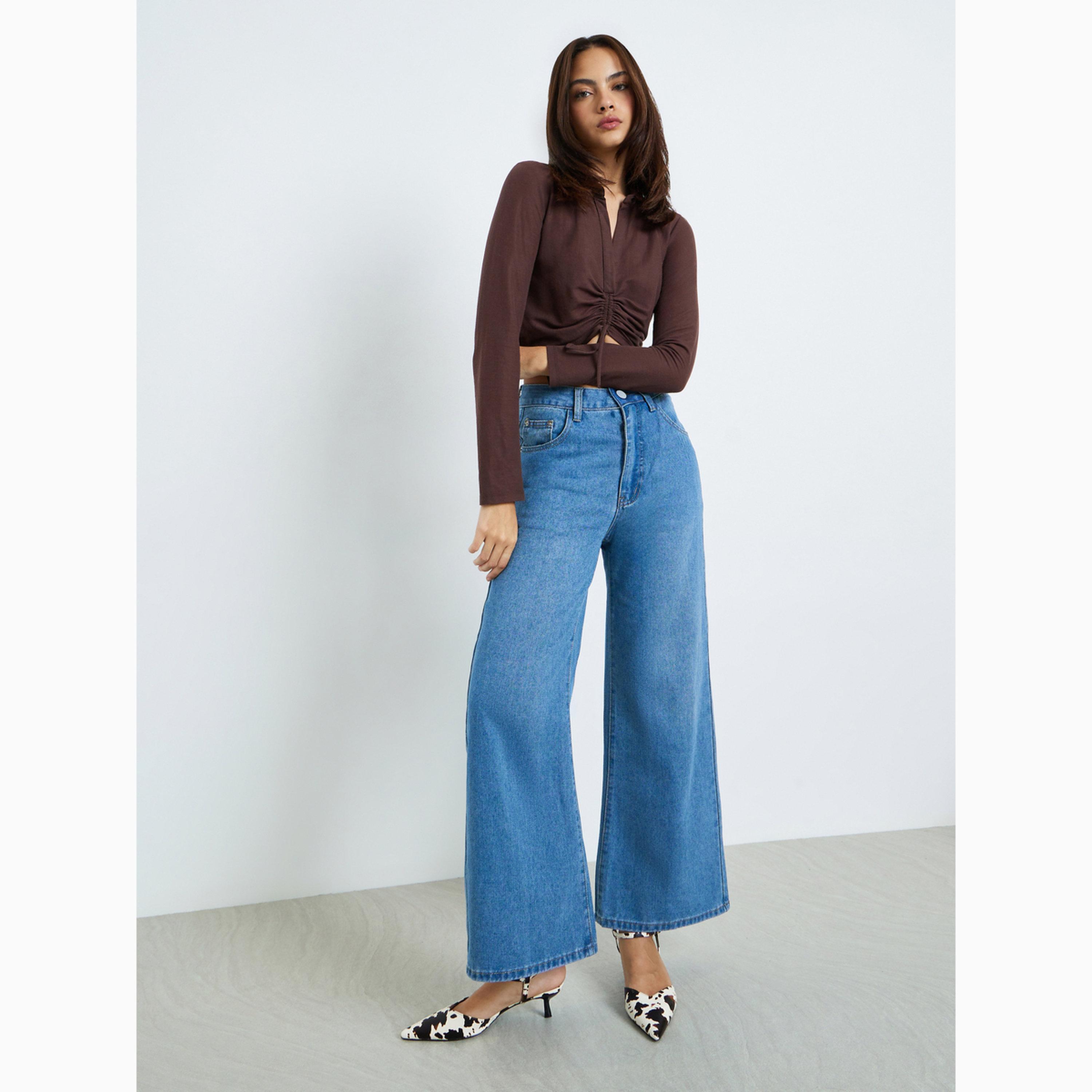 جينز بأرجل واسعة وخصر متوسط الارتفاع بلون أزرق-women-clothing-bottoms-jeans-image-2