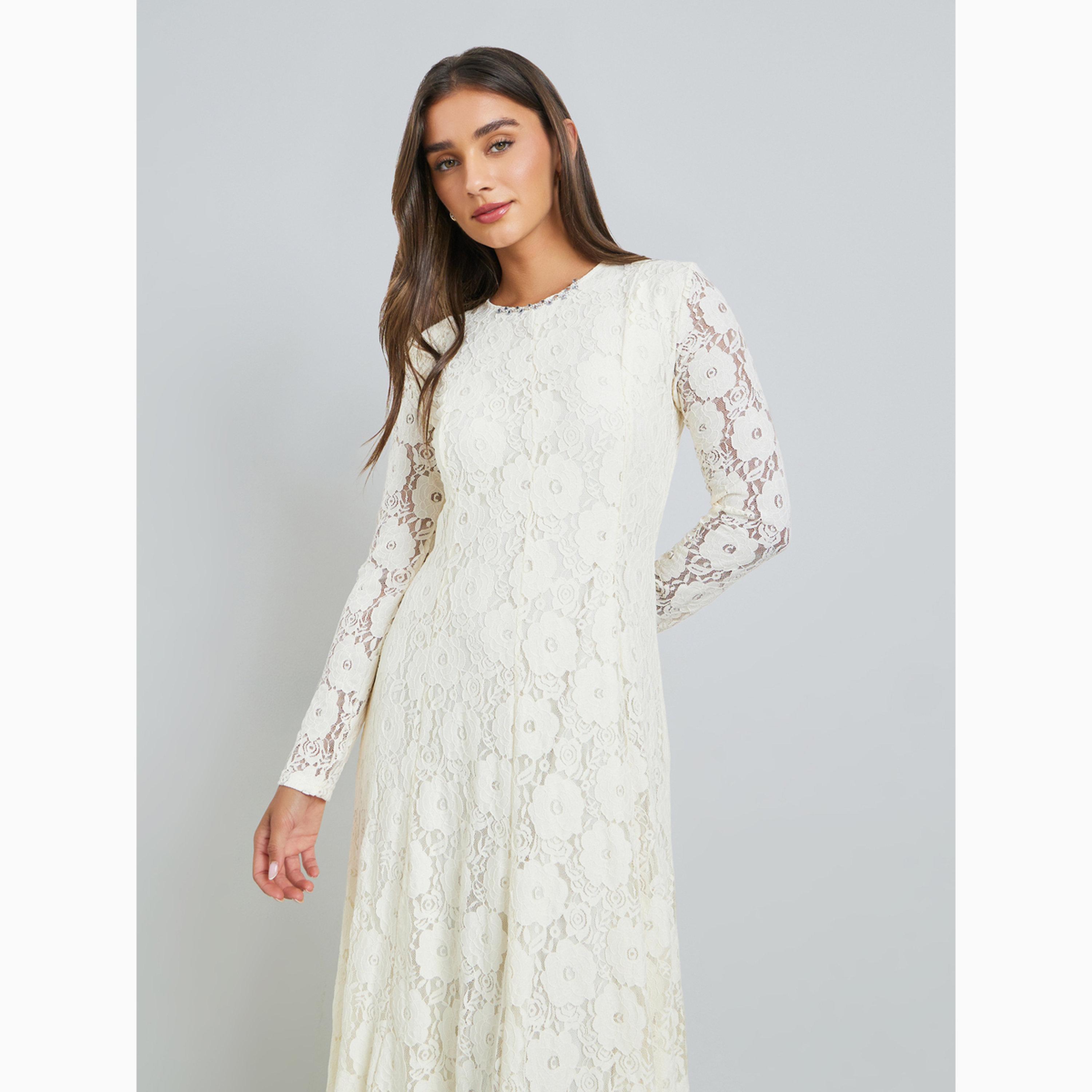 Styli Off-White Floral Lace A-Line Maxi Dress-women-clothing-dresses-image-2