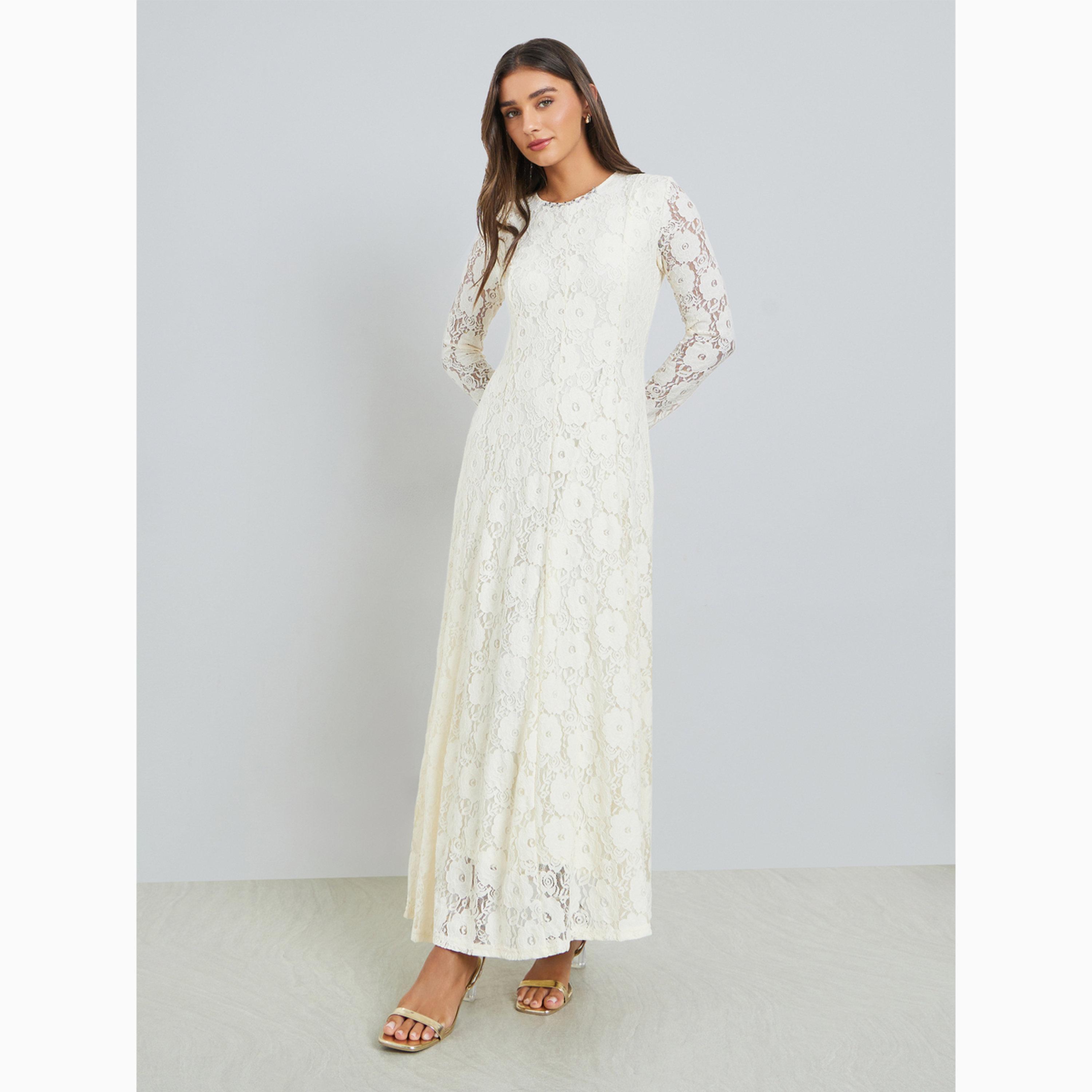 فستان طويل بحافة واسعة وزهور دانتيل-women-clothing-dresses-image-3